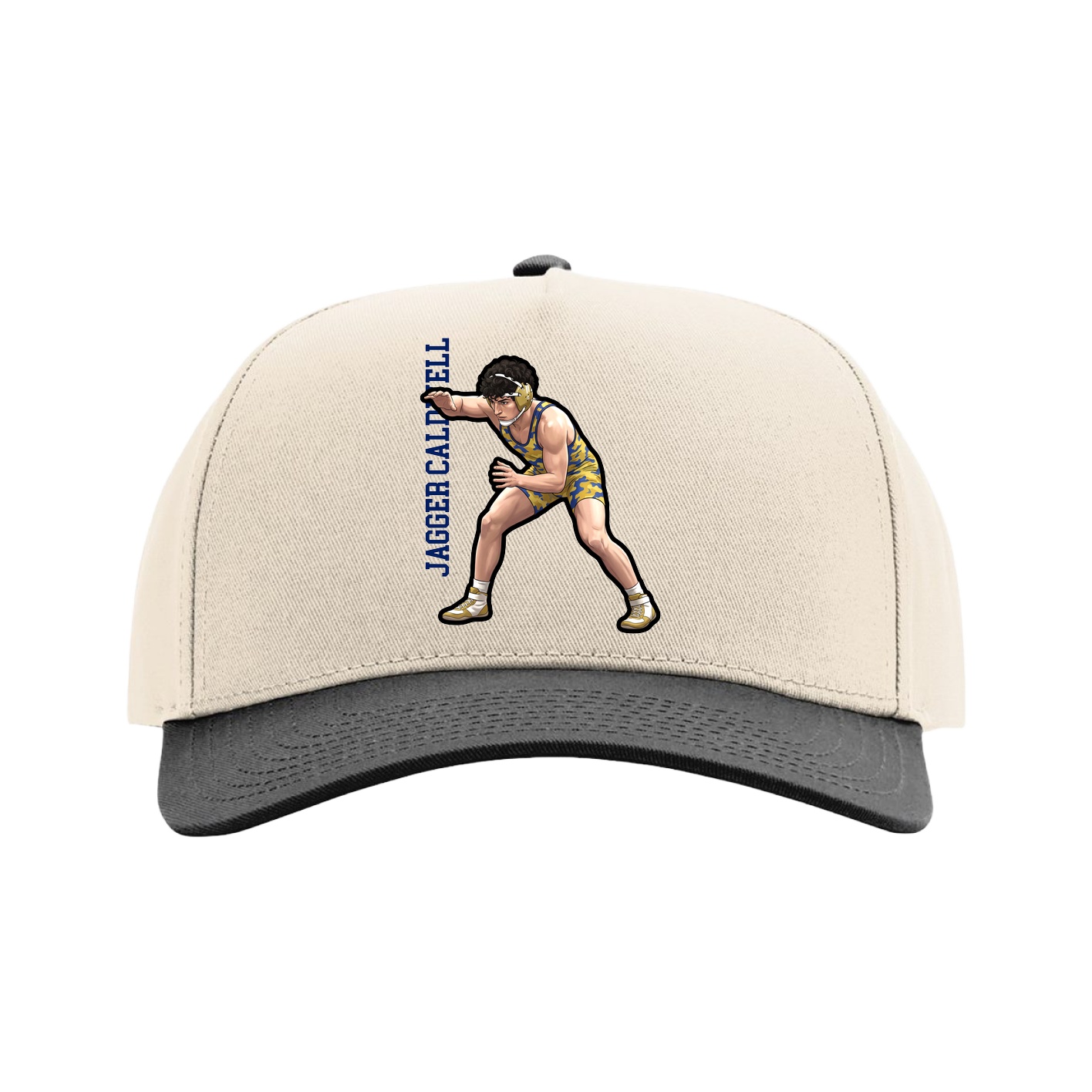 Full Fabric Five-Panel Champ Cap — Name Vertical in Cream/Black