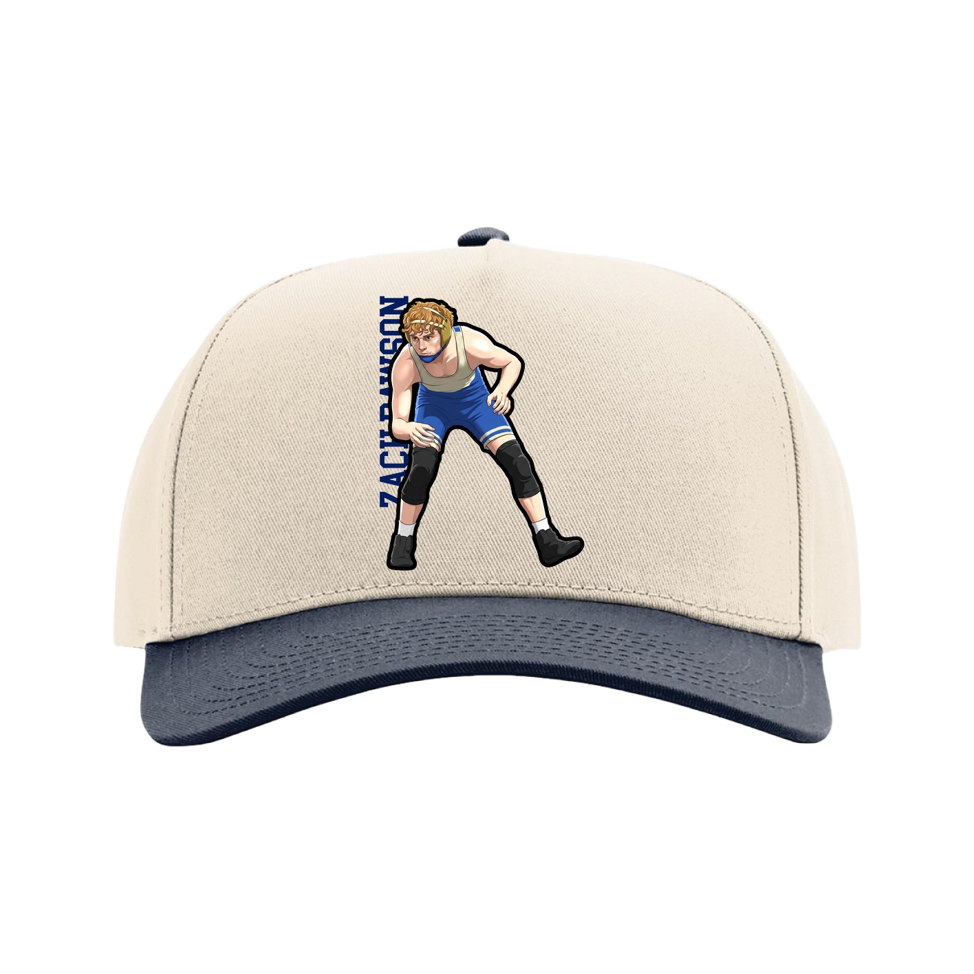 Full Fabric Five-Panel Champ Cap — Name Vertical in Cream/Navy