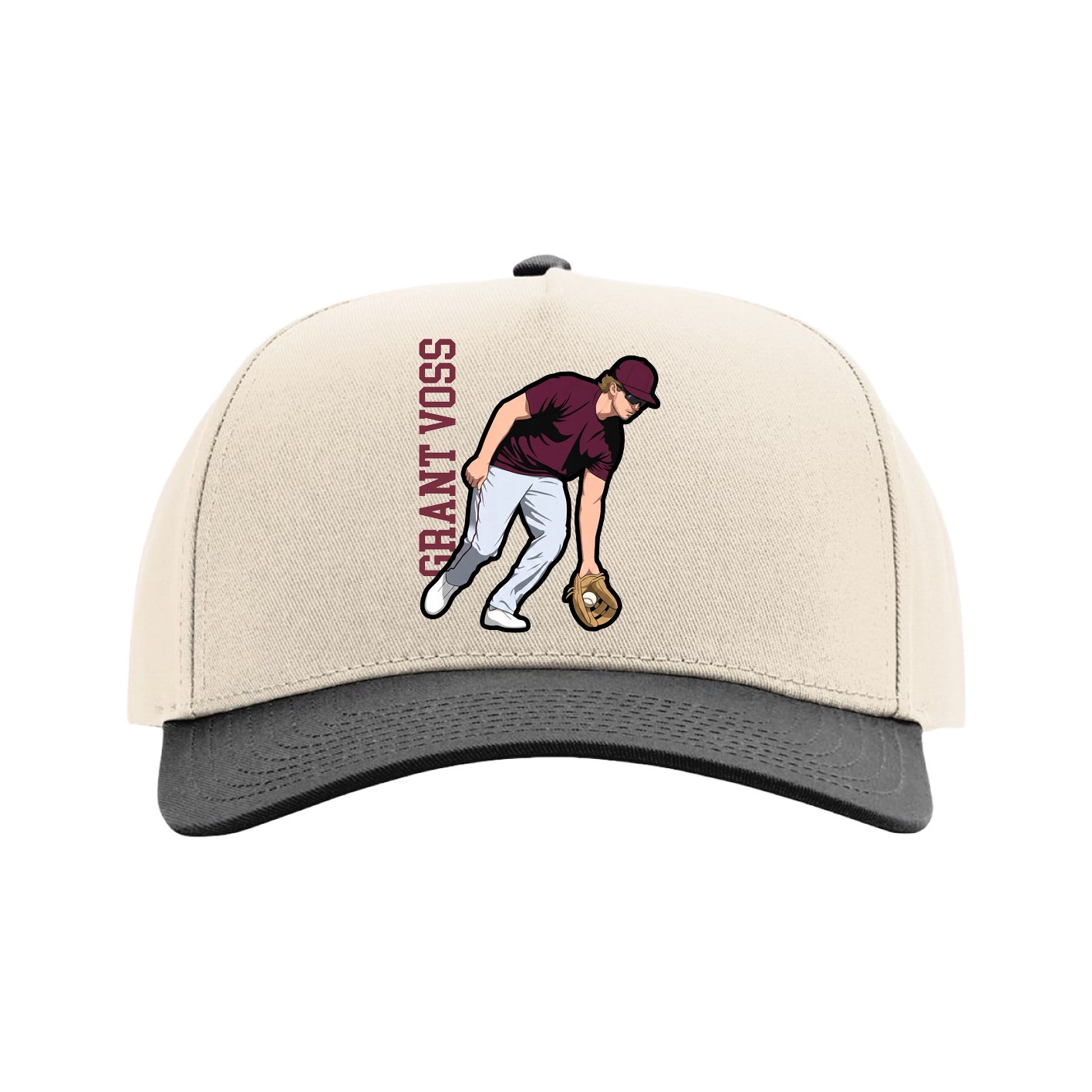 Full Fabric Five-Panel Champ Cap — Name Vertical in Cream/Black