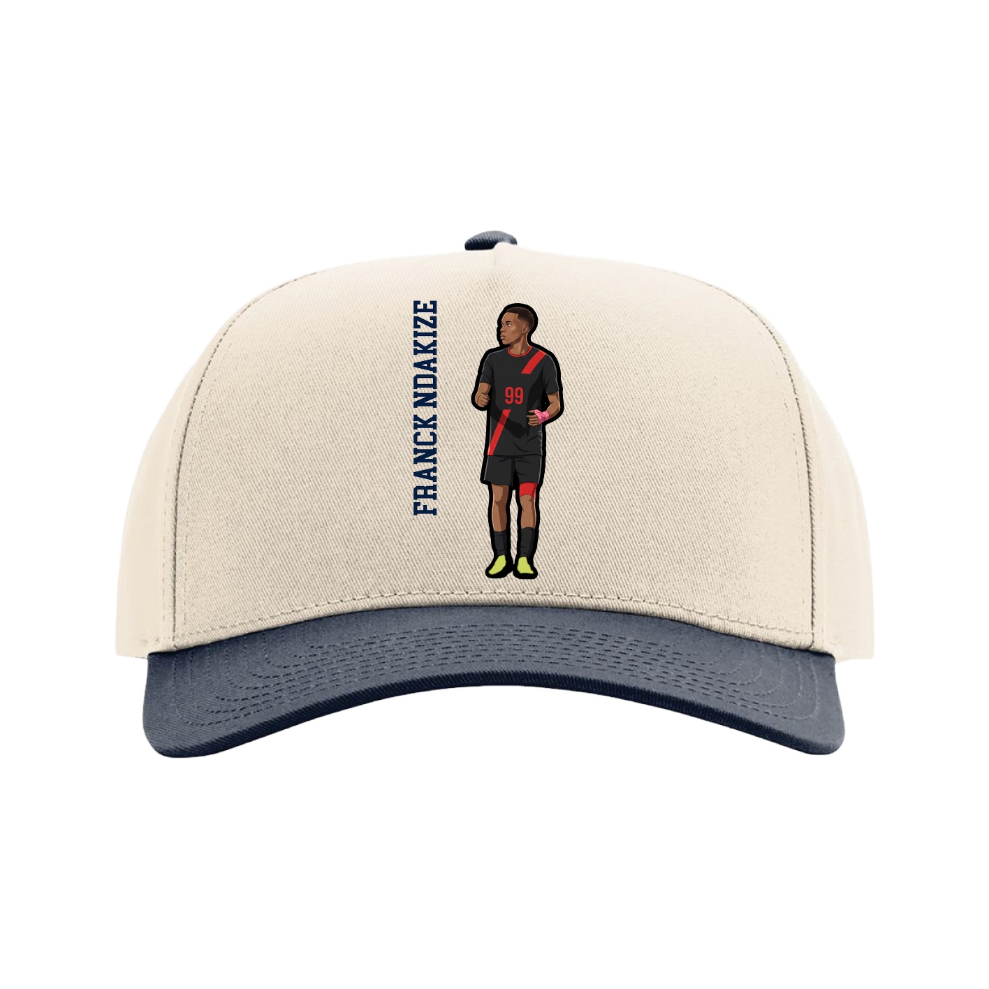 Full Fabric Five-Panel Champ Cap — Name Vertical in Cream/Navy