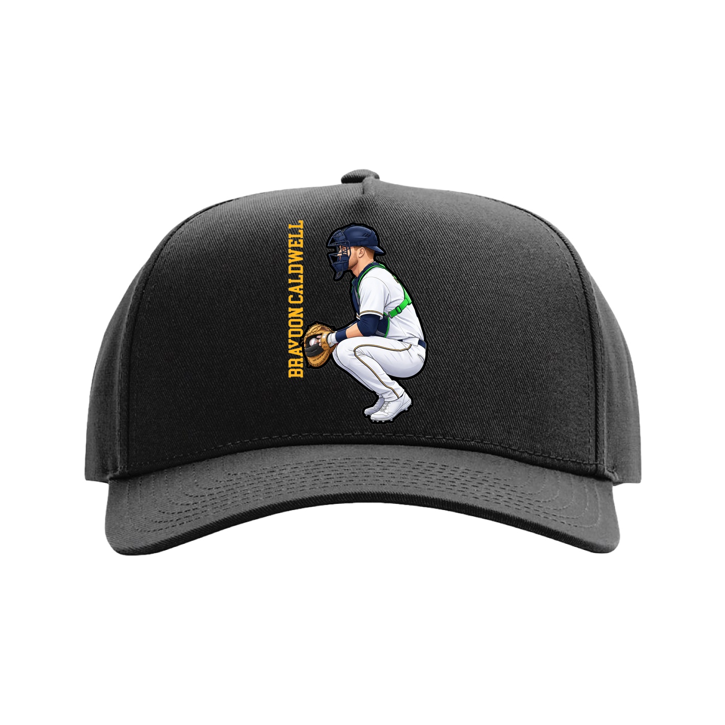 Full Fabric Five-Panel Champ Cap — Name Vertical in Black