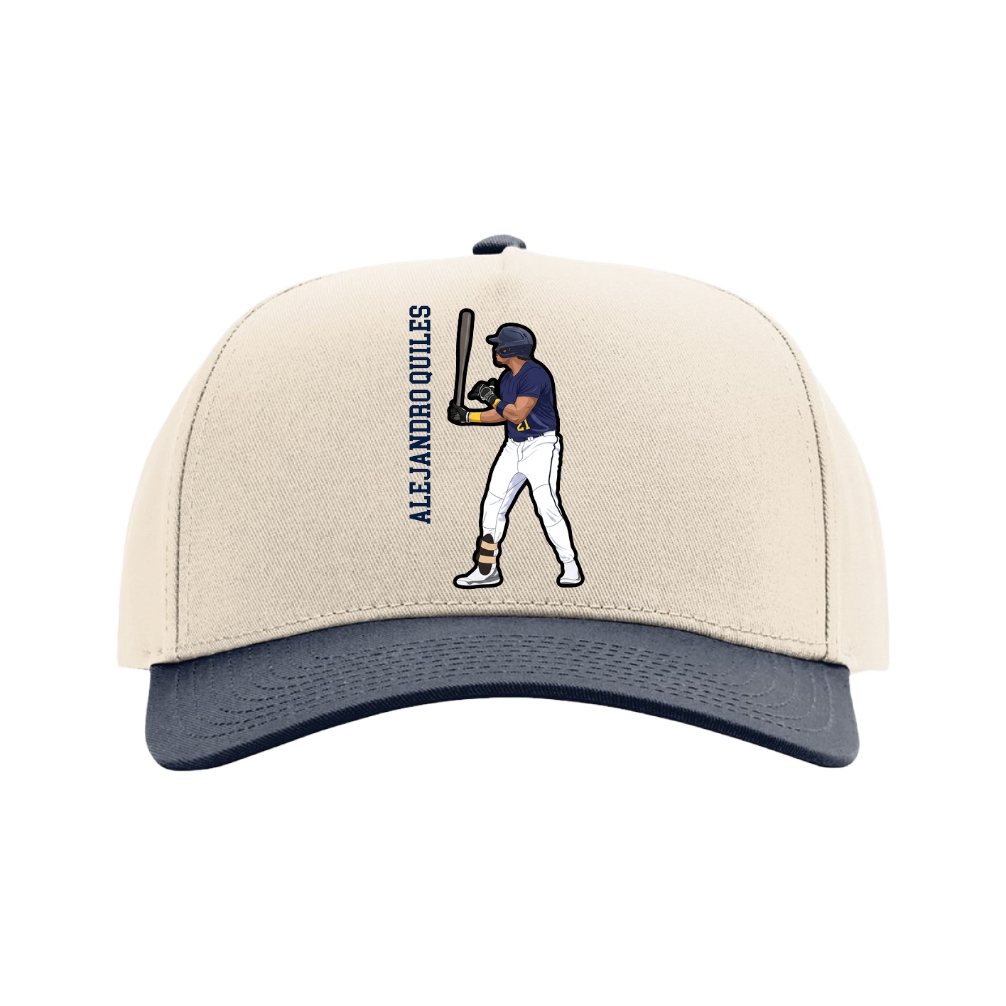 Full Fabric Five-Panel Champ Cap — Name Vertical in Cream/Navy