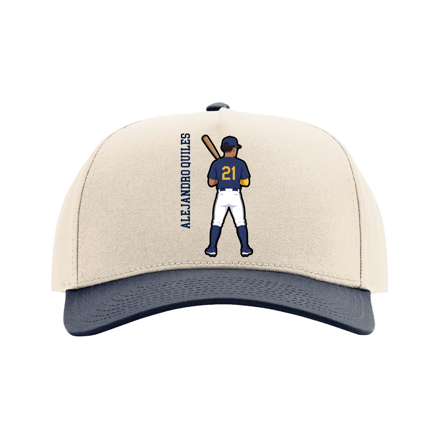 Full Fabric Five-Panel Champ Cap — Name Vertical in Cream/Navy