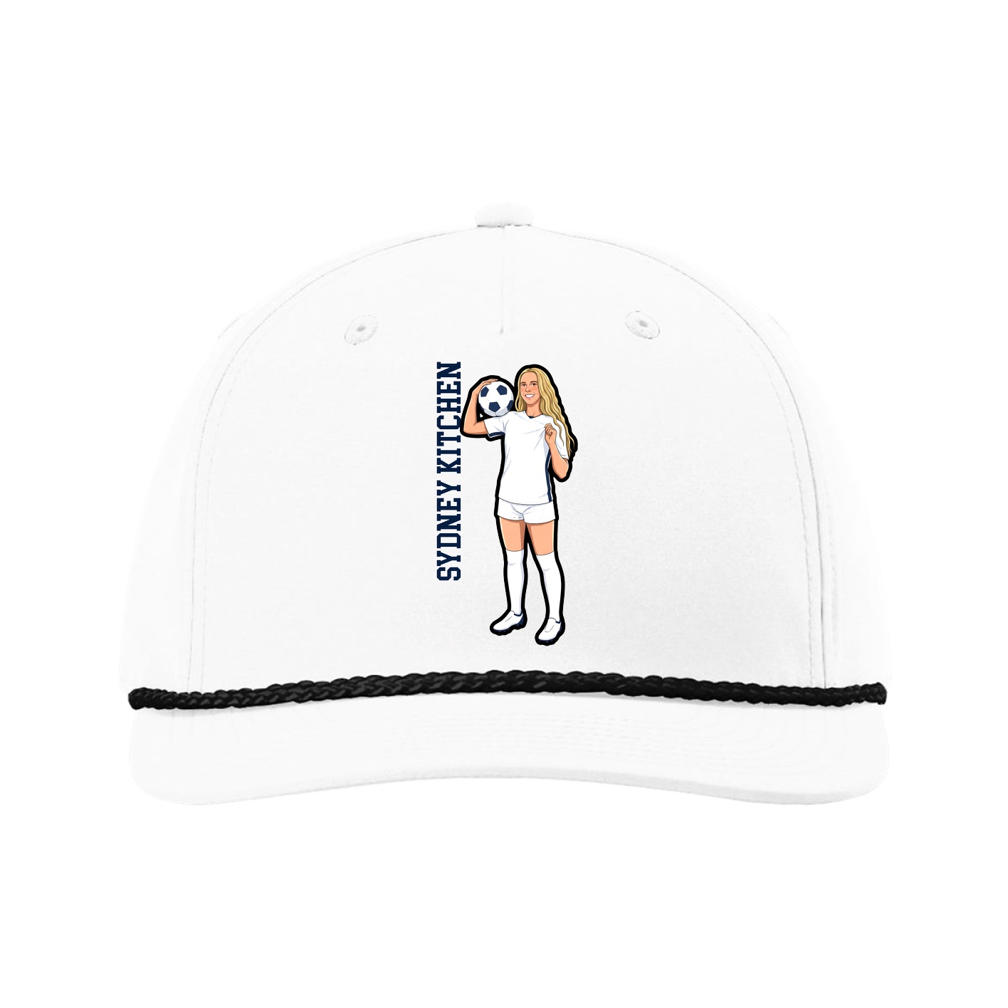 Five-Panel Classic Rope Cap — Name Vertical in White