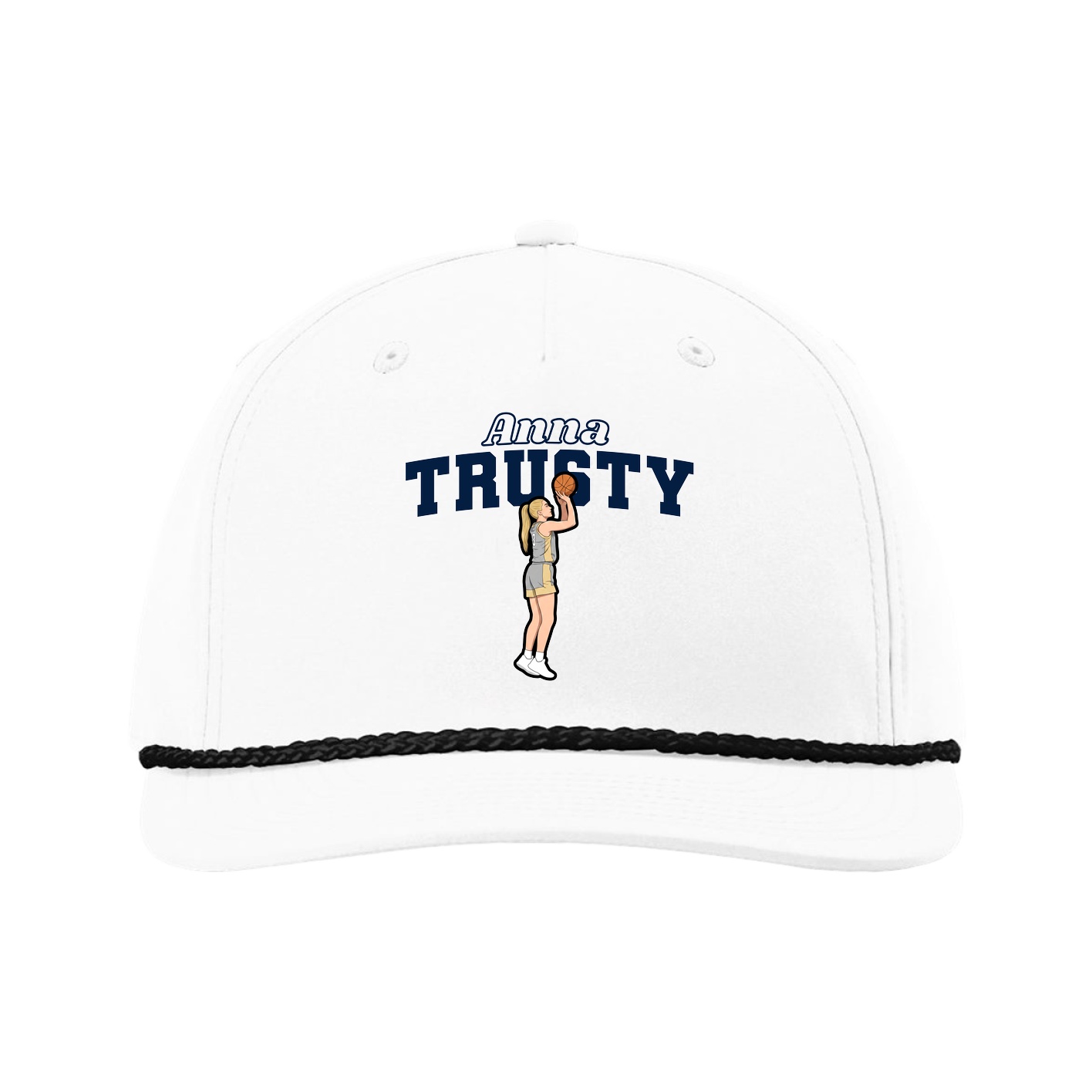 Five-Panel Classic Rope Cap — Name Arch in White