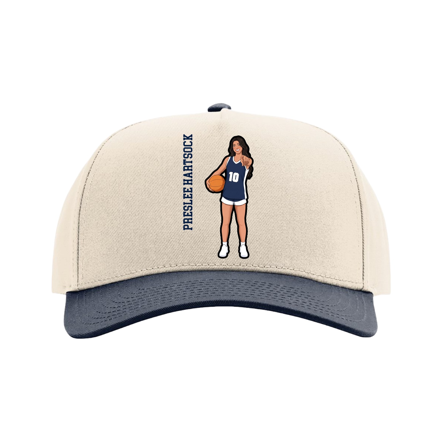 Full Fabric Five-Panel Champ Cap — Name Vertical in Cream/Navy