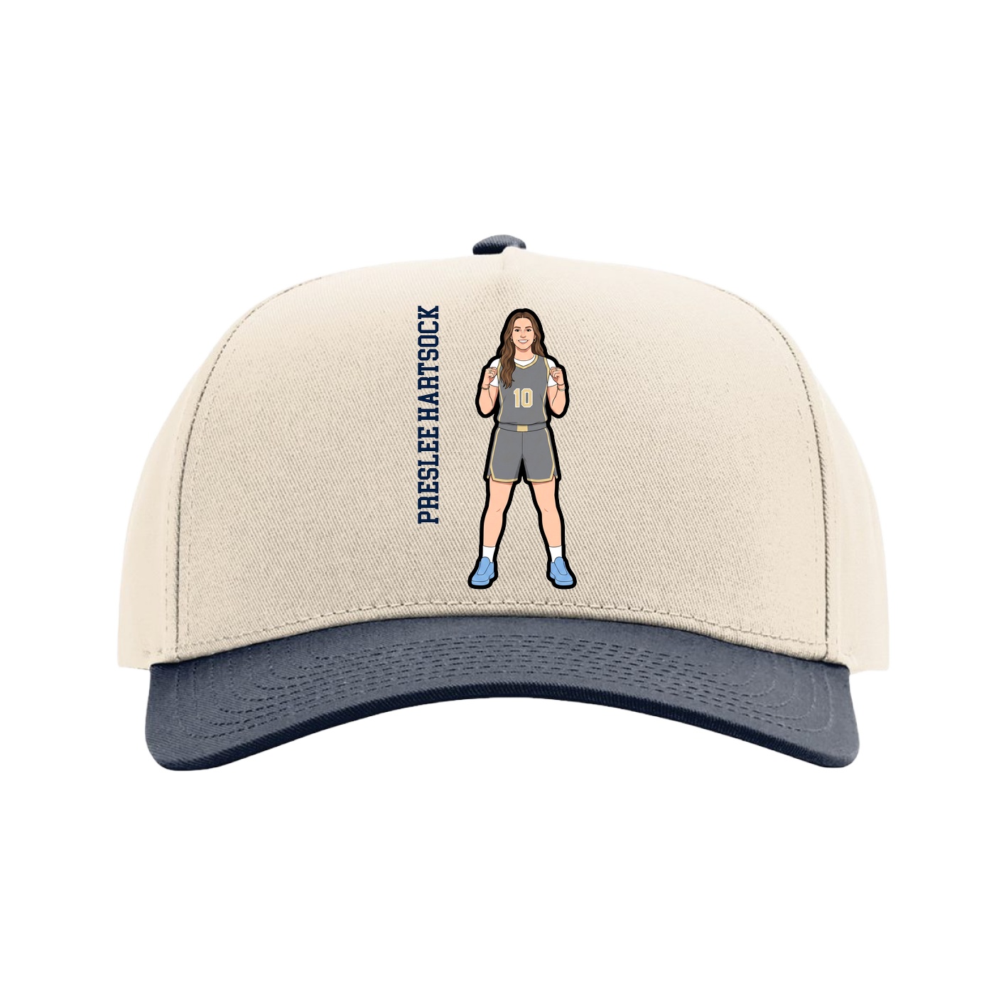 Full Fabric Five-Panel Champ Cap — Name Vertical in Cream/Navy