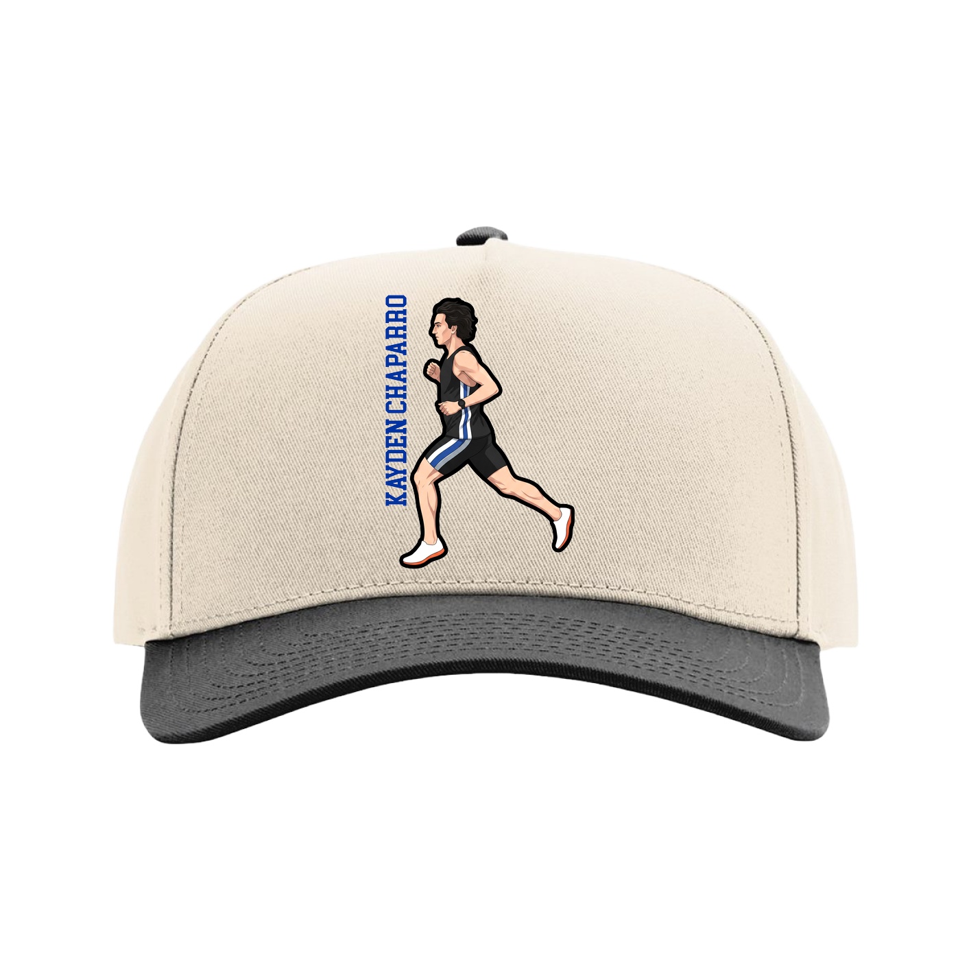 Full Fabric Five-Panel Champ Cap — Name Vertical in Cream/Black