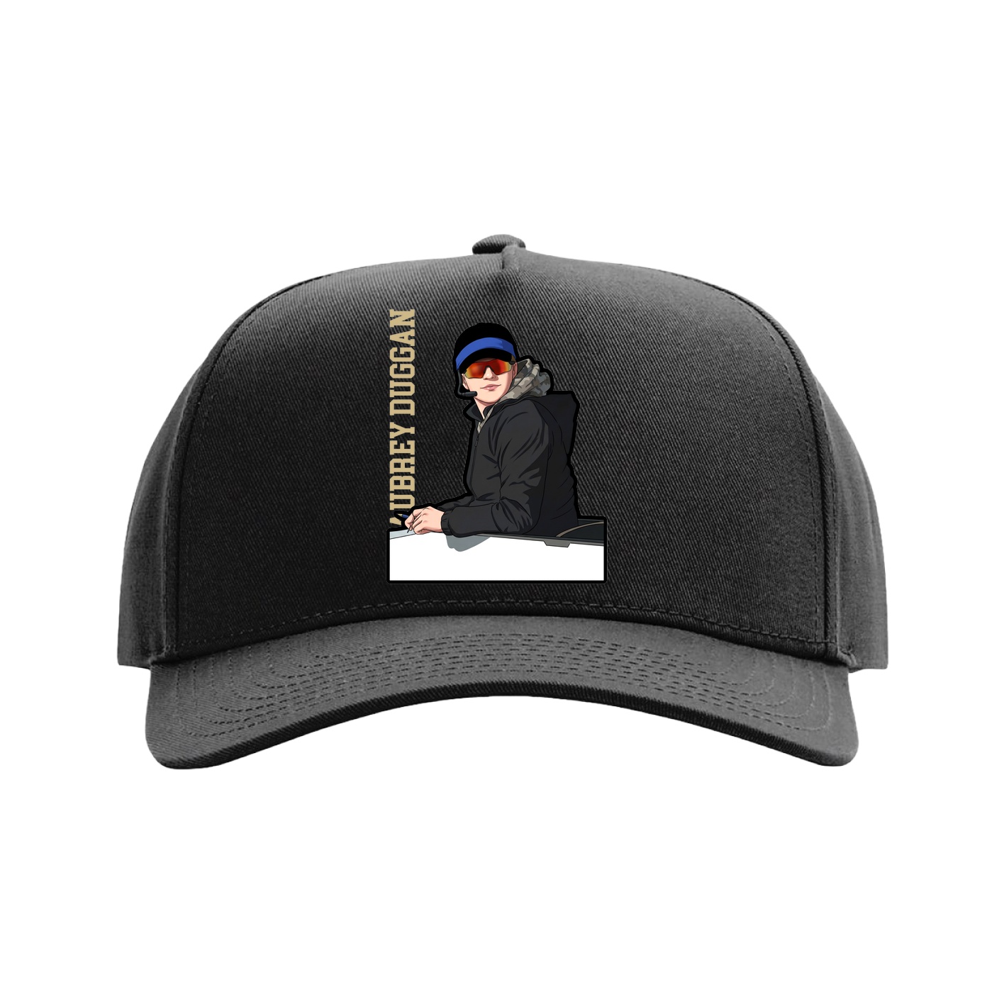 Full Fabric Five-Panel Champ Cap — Name Vertical in Black