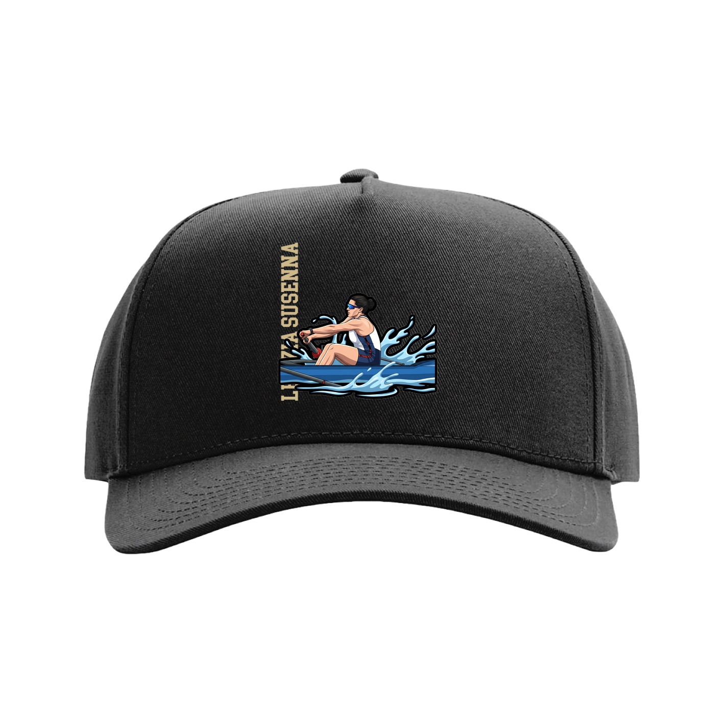Full Fabric Five-Panel Champ Cap — Name Vertical in Black
