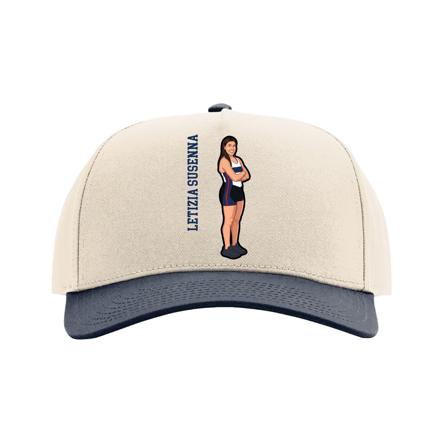 Full Fabric Five-Panel Champ Cap — Name Vertical in Cream/Navy
