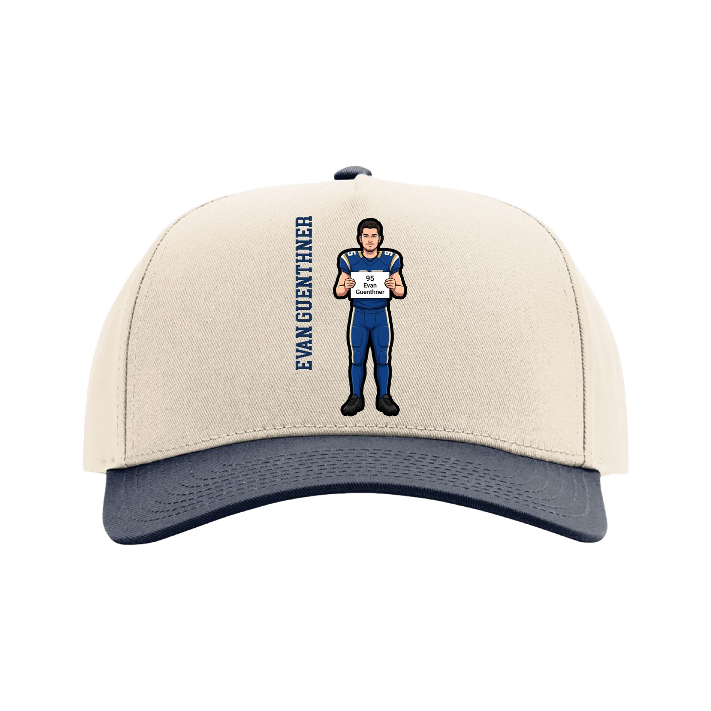 Full Fabric Five-Panel Champ Cap — Name Vertical in Cream/Navy