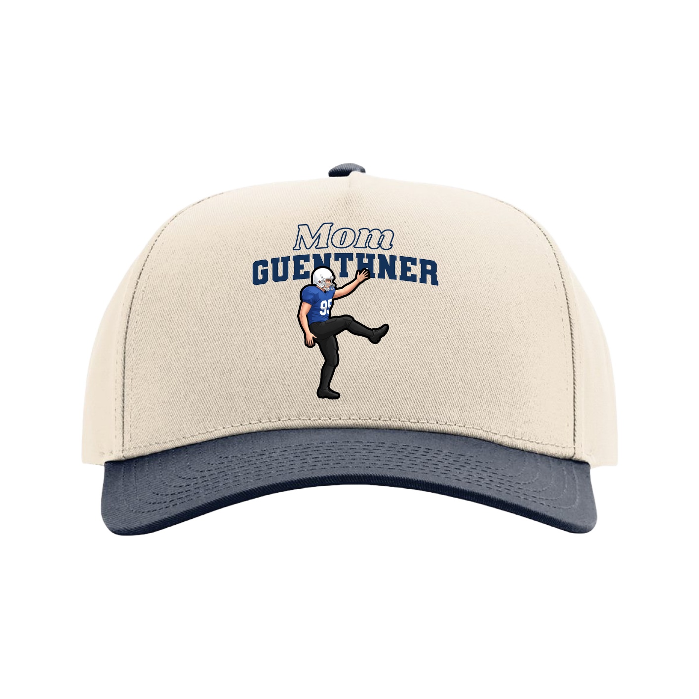 Full Fabric Five-Panel Champ Cap — Mothers Day Block in Cream/Navy
