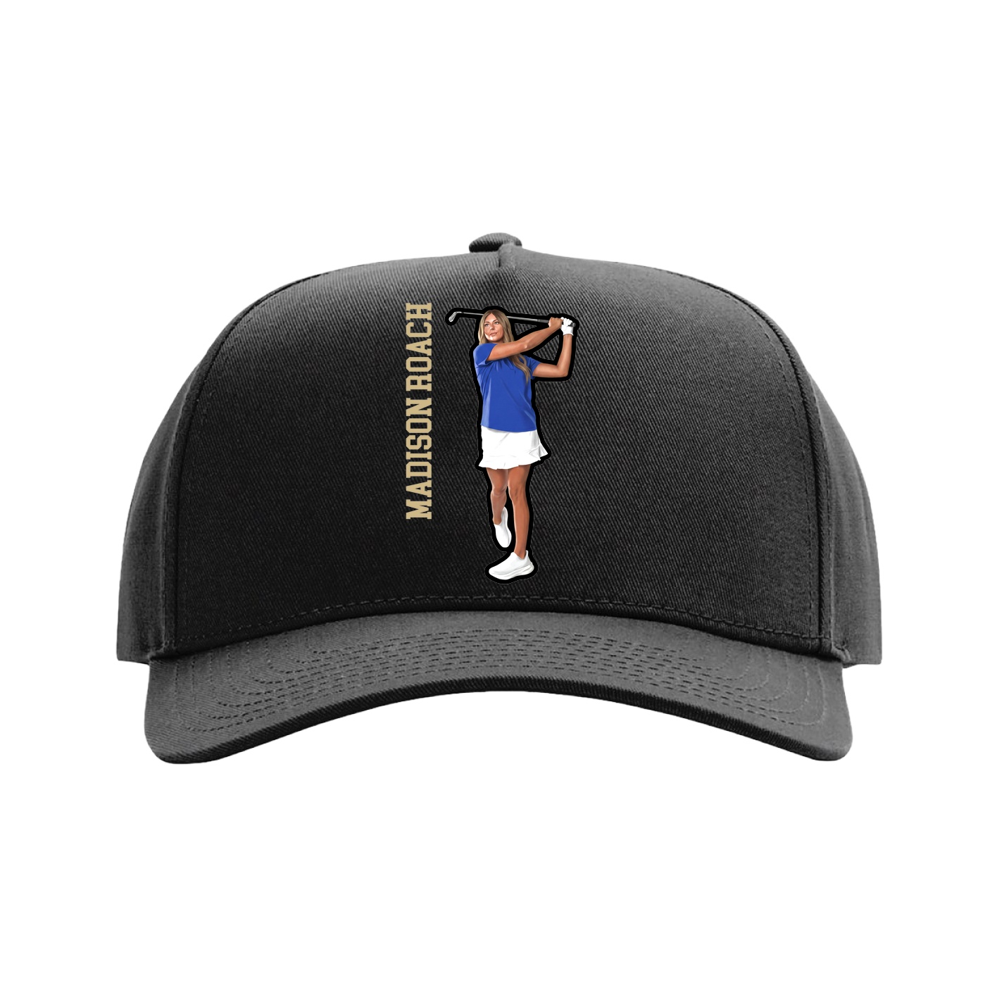 Full Fabric Five-Panel Champ Cap — Name Vertical in Black