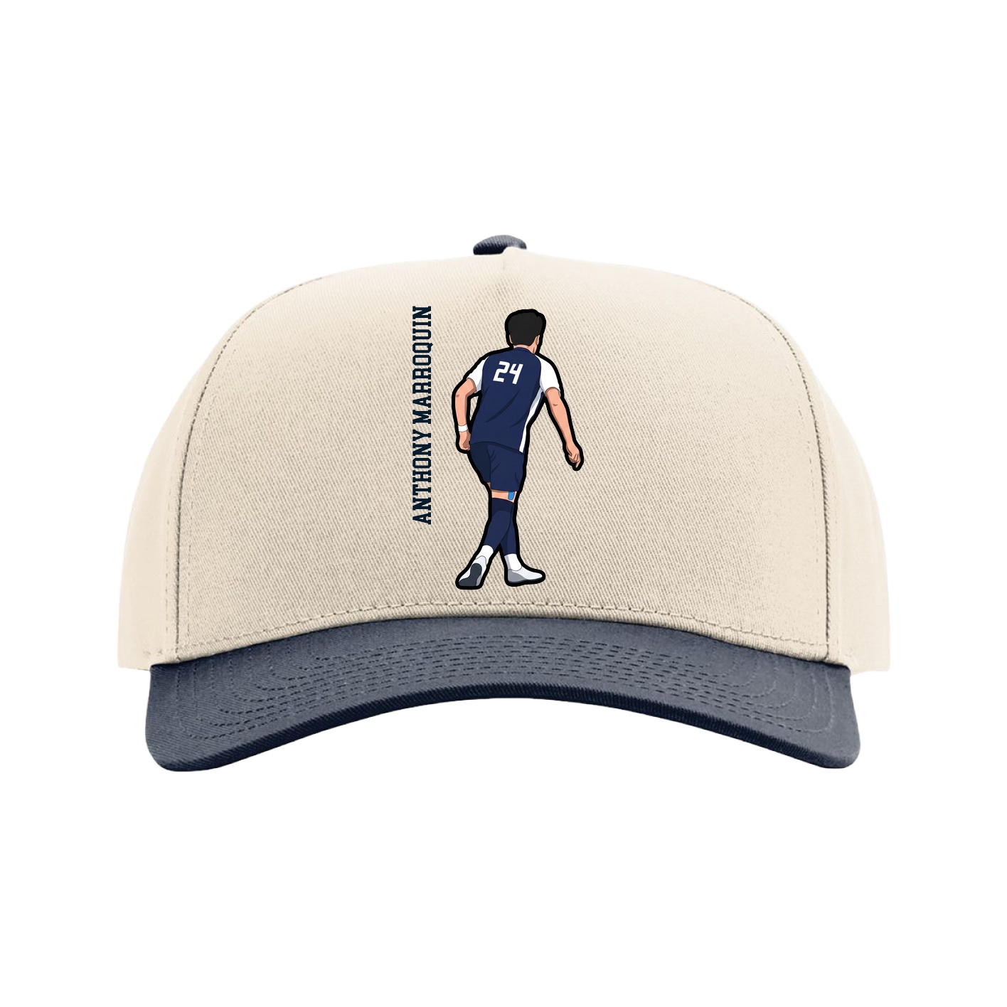 Full Fabric Five-Panel Champ Cap — Name Vertical in Cream/Navy