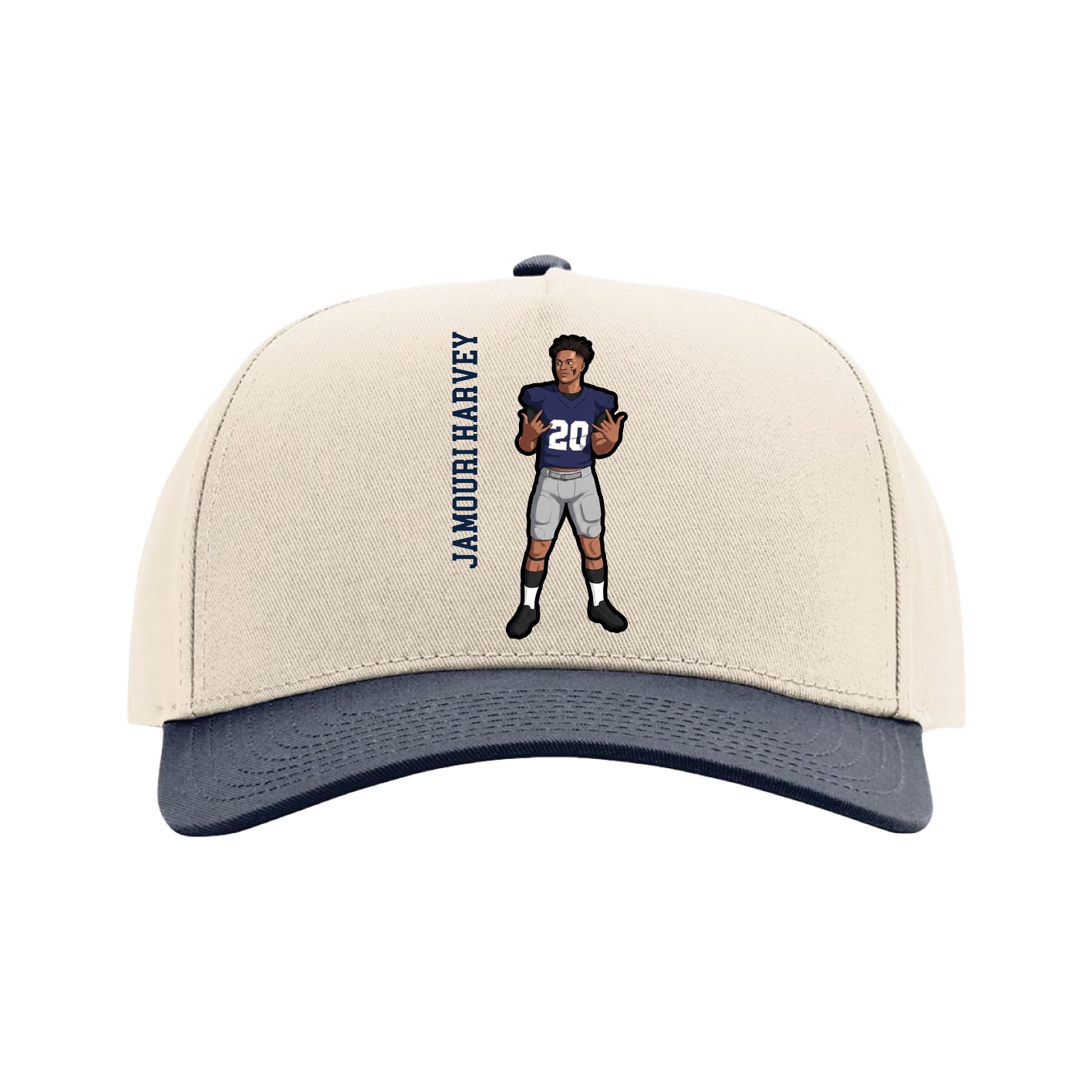 Full Fabric Five-Panel Champ Cap — Name Vertical in Cream/Navy