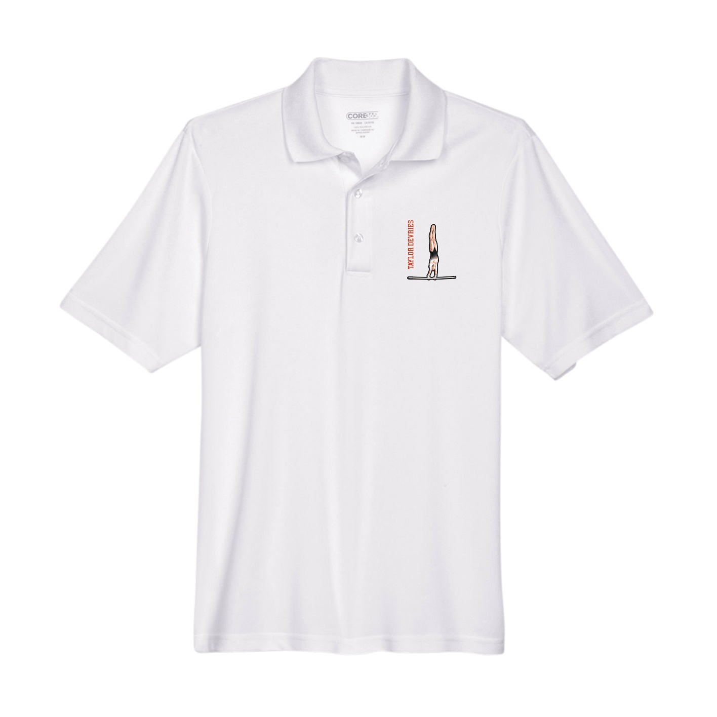 Performance Polo — Name Vertical in White
