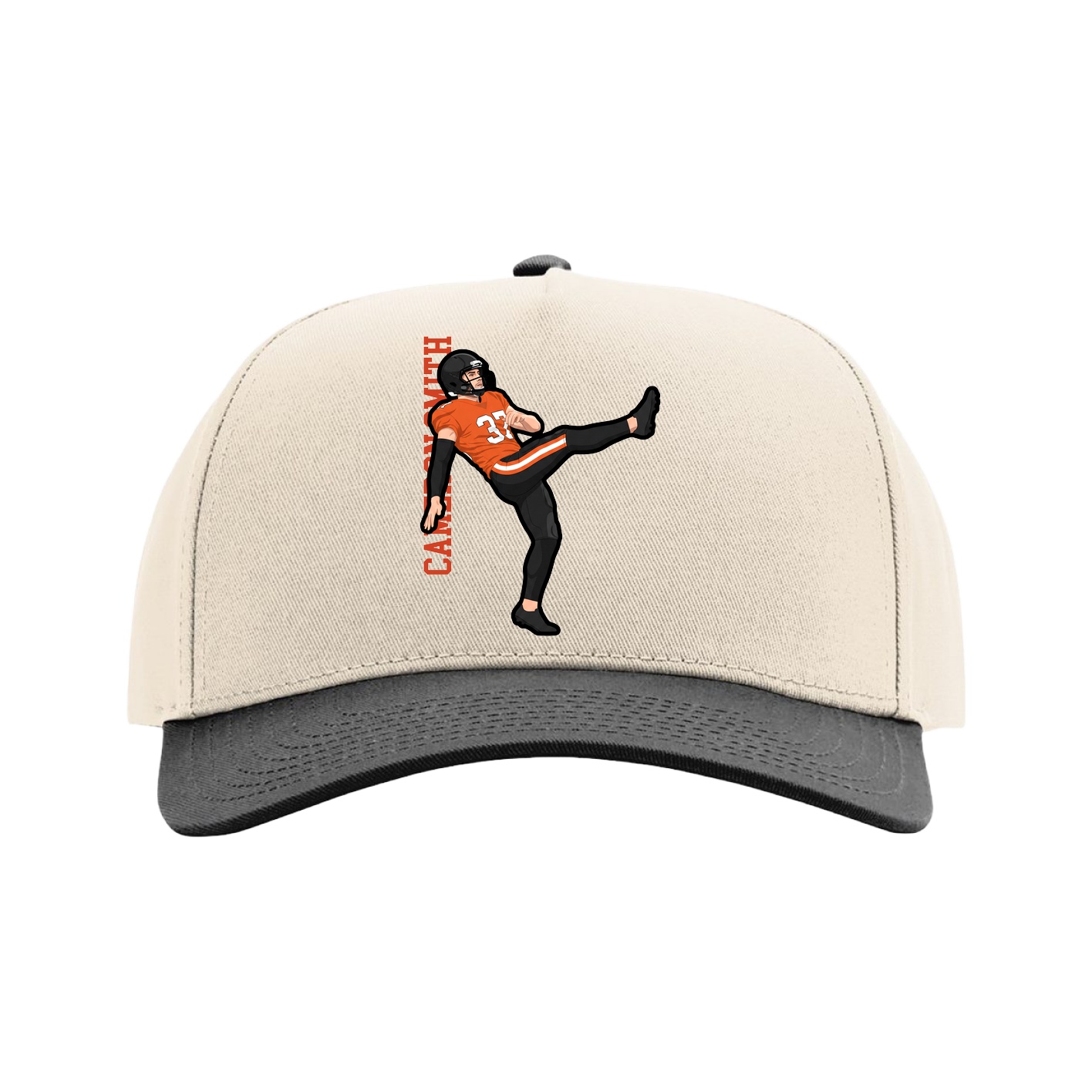 Full Fabric Five-Panel Champ Cap — Name Vertical in Cream/Black