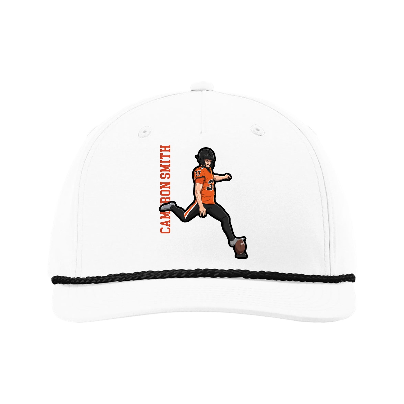Five-Panel Classic Rope Cap — Name Vertical in White