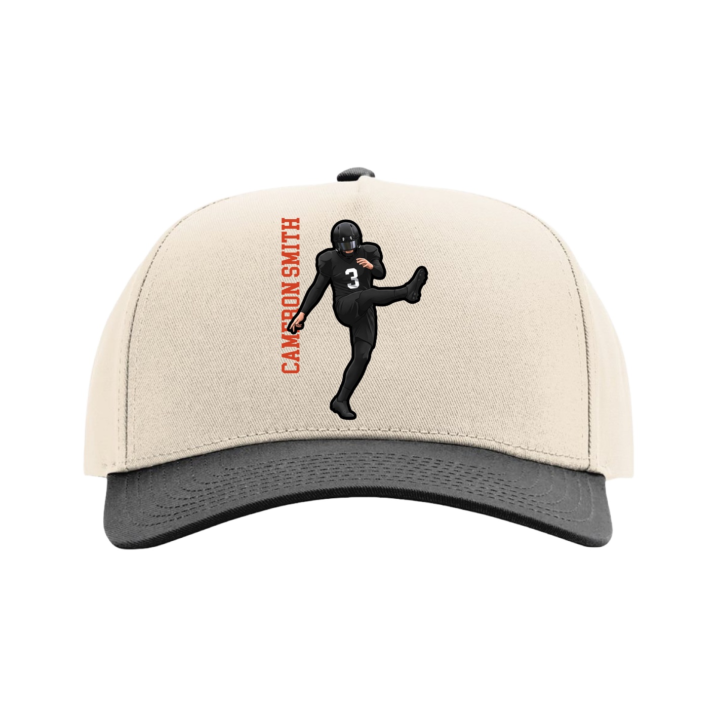 Full Fabric Five-Panel Champ Cap — Name Vertical in Cream/Black
