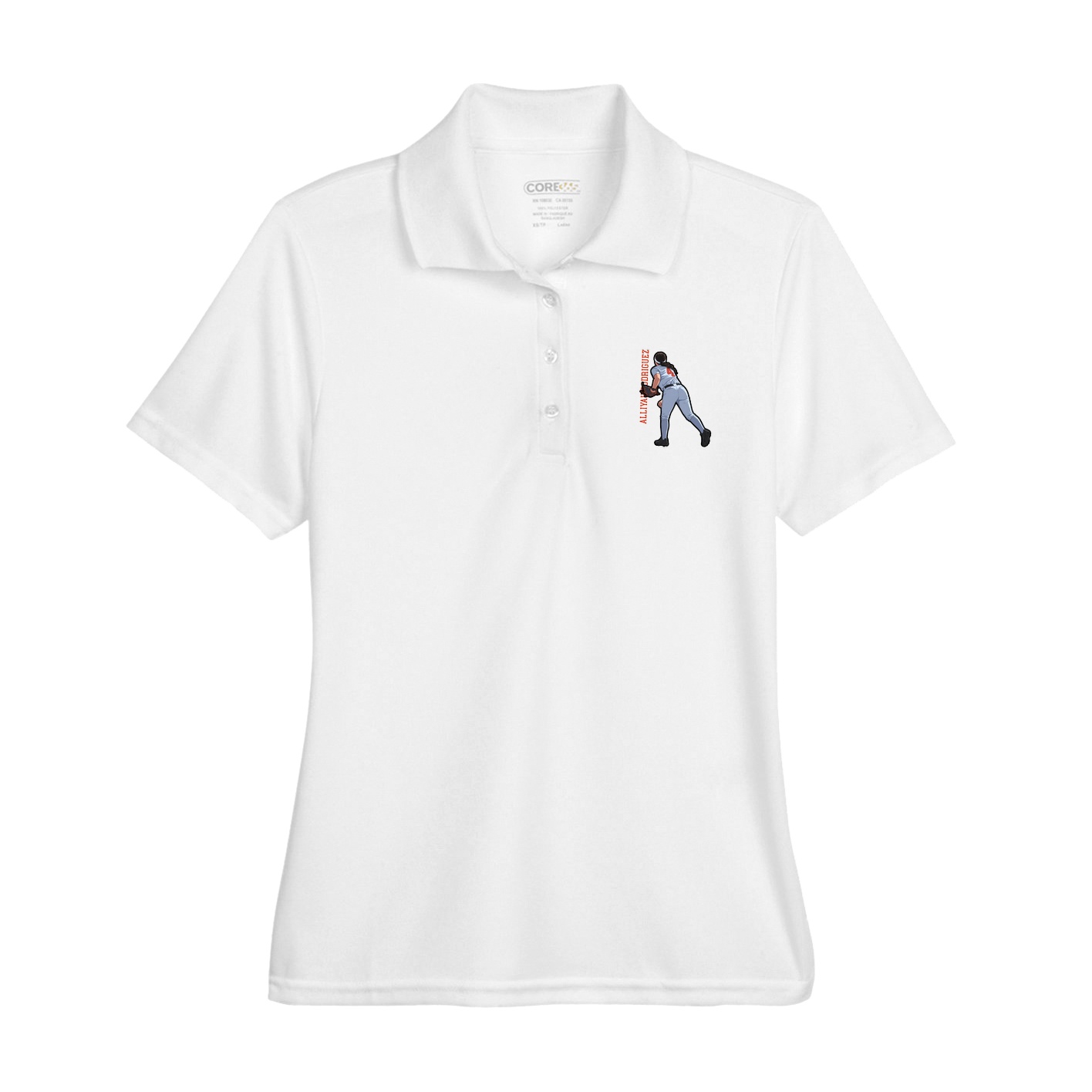 Womens Performance Polo — Name Vertical in White