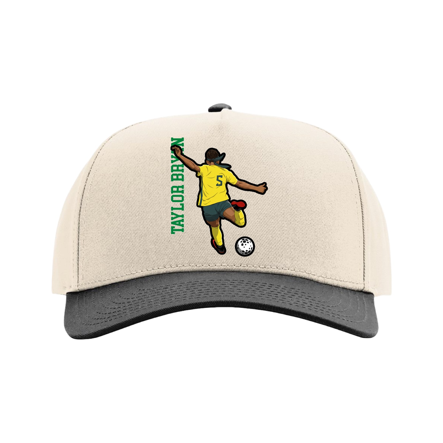 Full Fabric Five-Panel Champ Cap — Name Vertical in Cream/Black