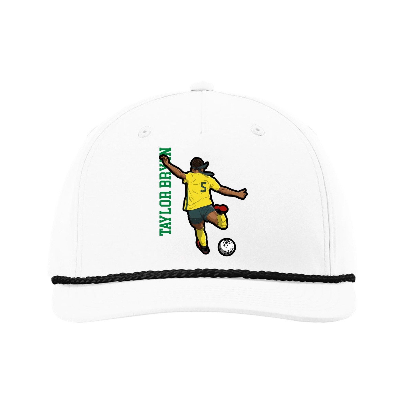 Five-Panel Classic Rope Cap — Name Vertical in White