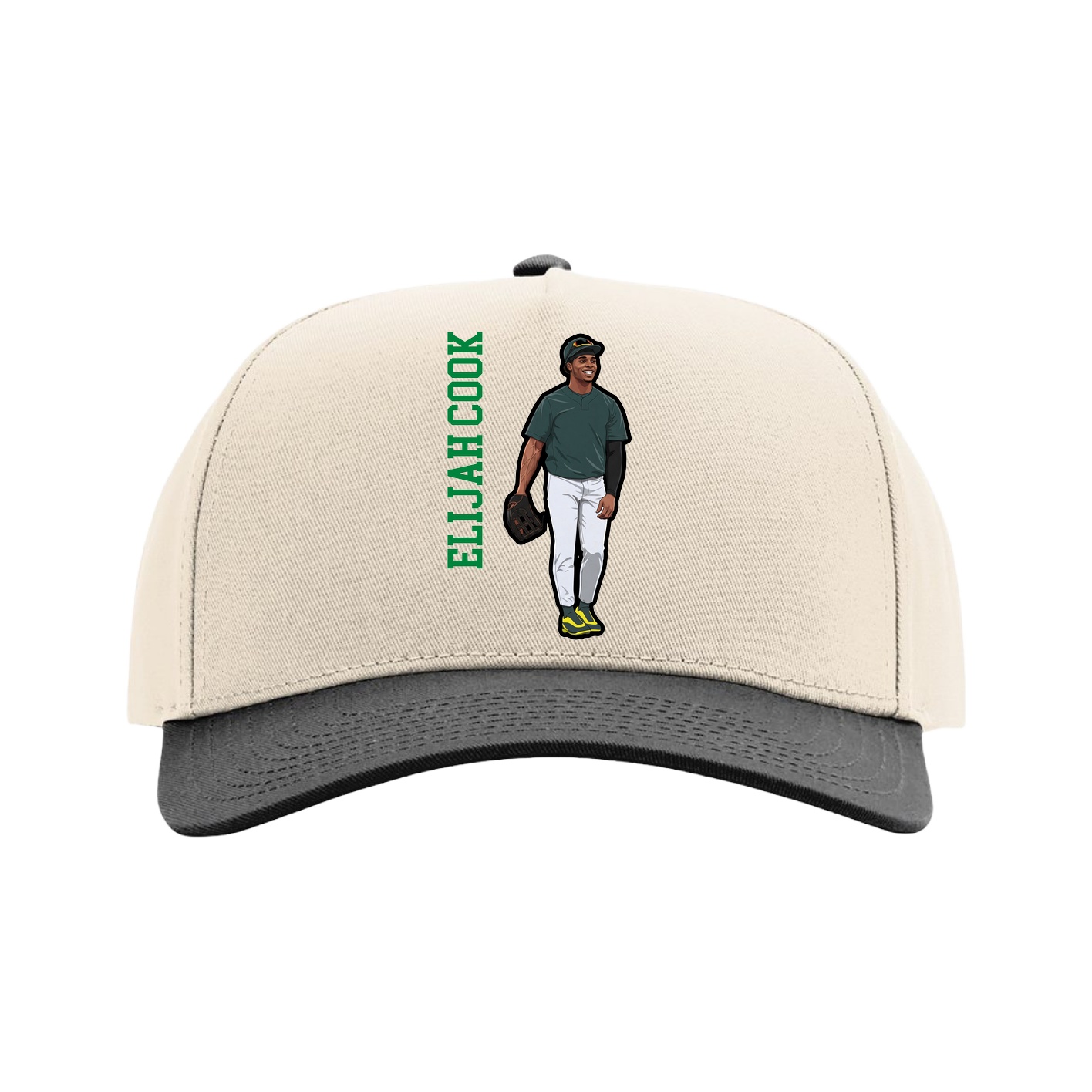 Full Fabric Five-Panel Champ Cap — Name Vertical in Cream/Black