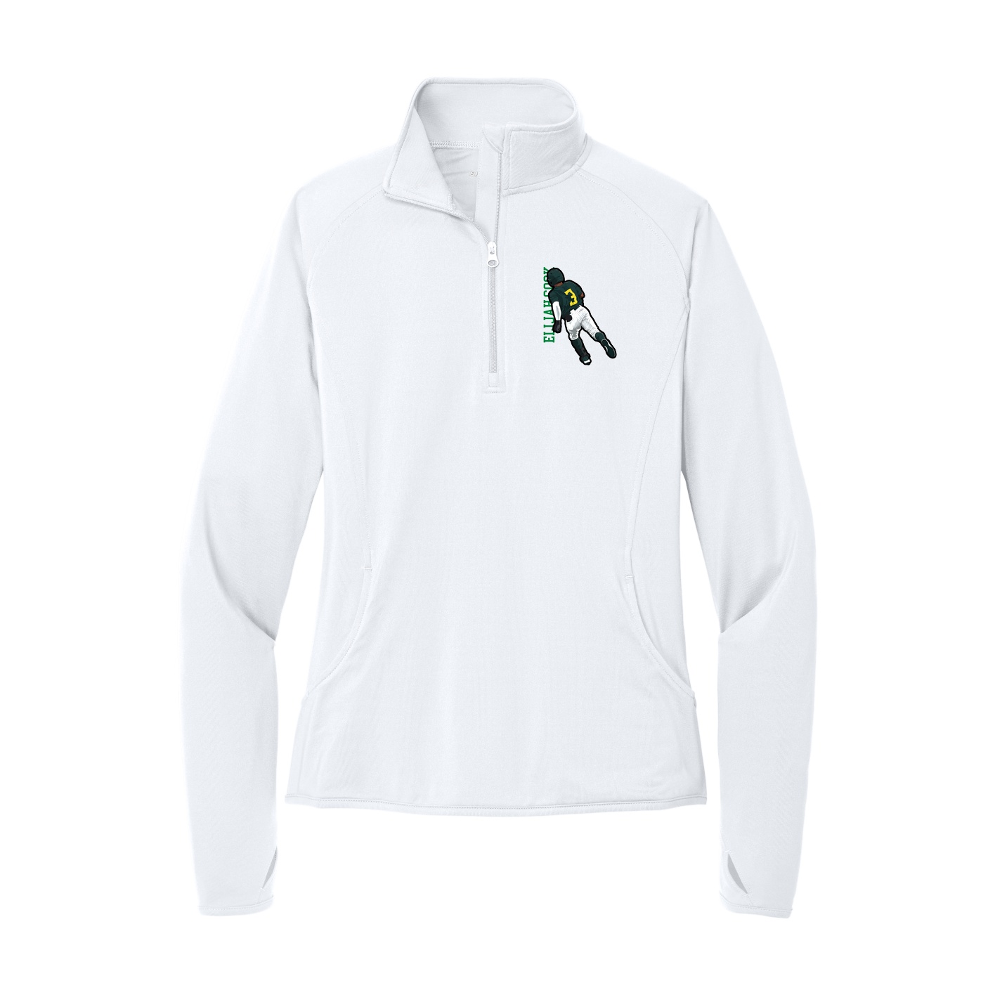 Women's Q-Zip Pullover — Name Vertical in White