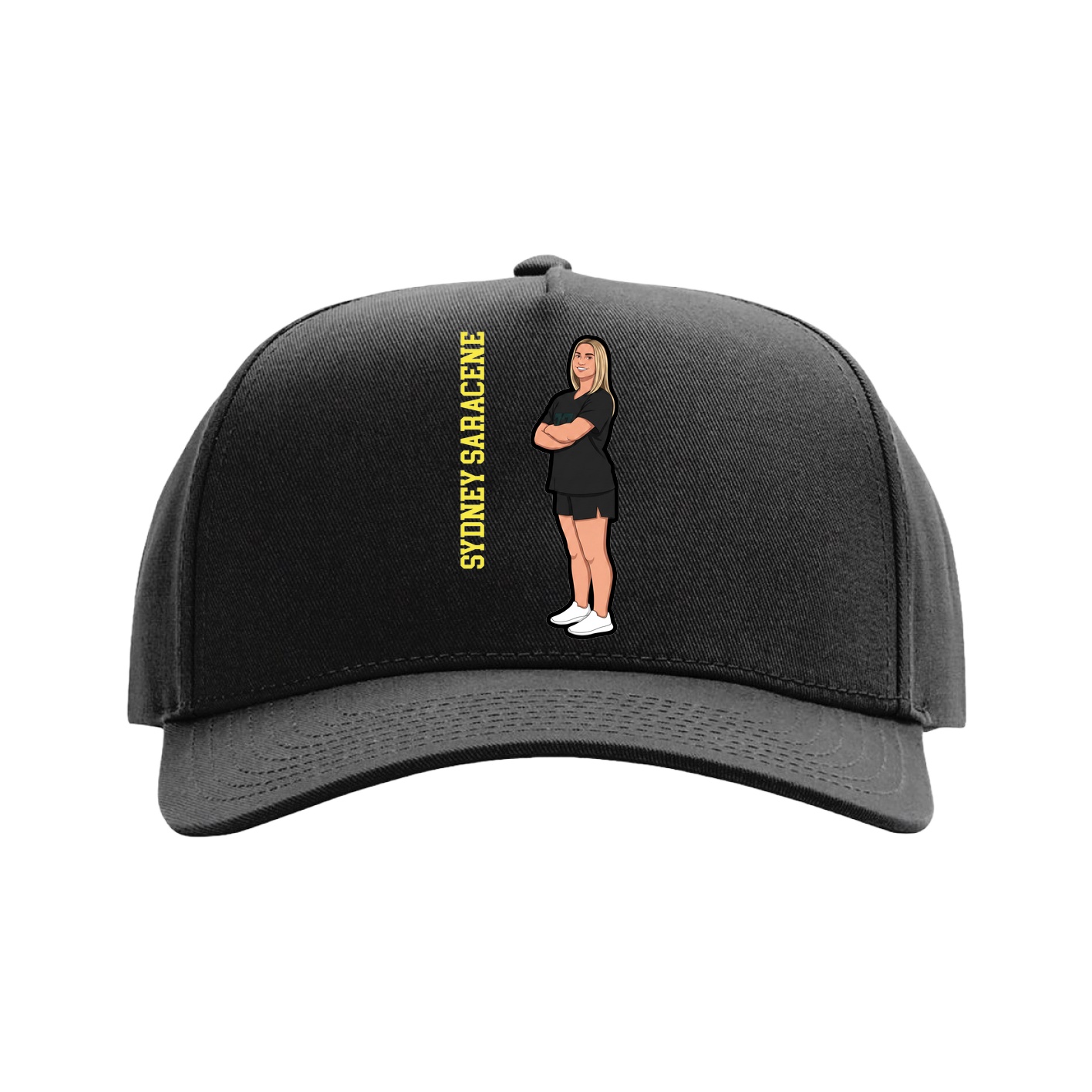 Full Fabric Five-Panel Champ Cap — Name Vertical in Black