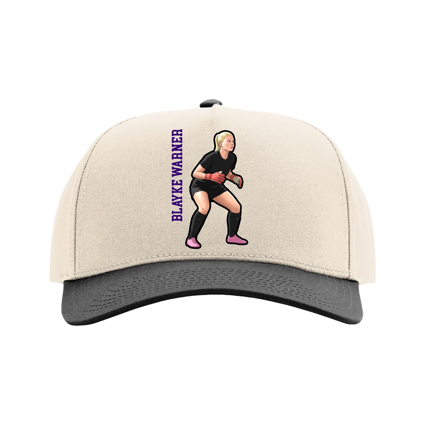 Full Fabric Five-Panel Champ Cap — Name Vertical in Cream/Black