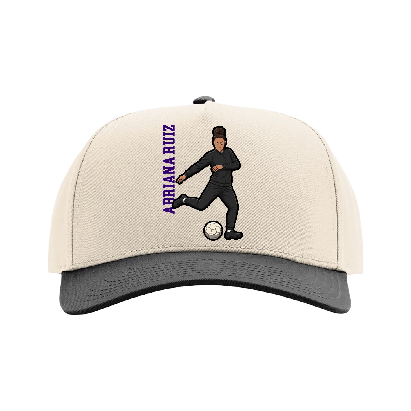 Full Fabric Five-Panel Champ Cap — Name Vertical in Cream/Black