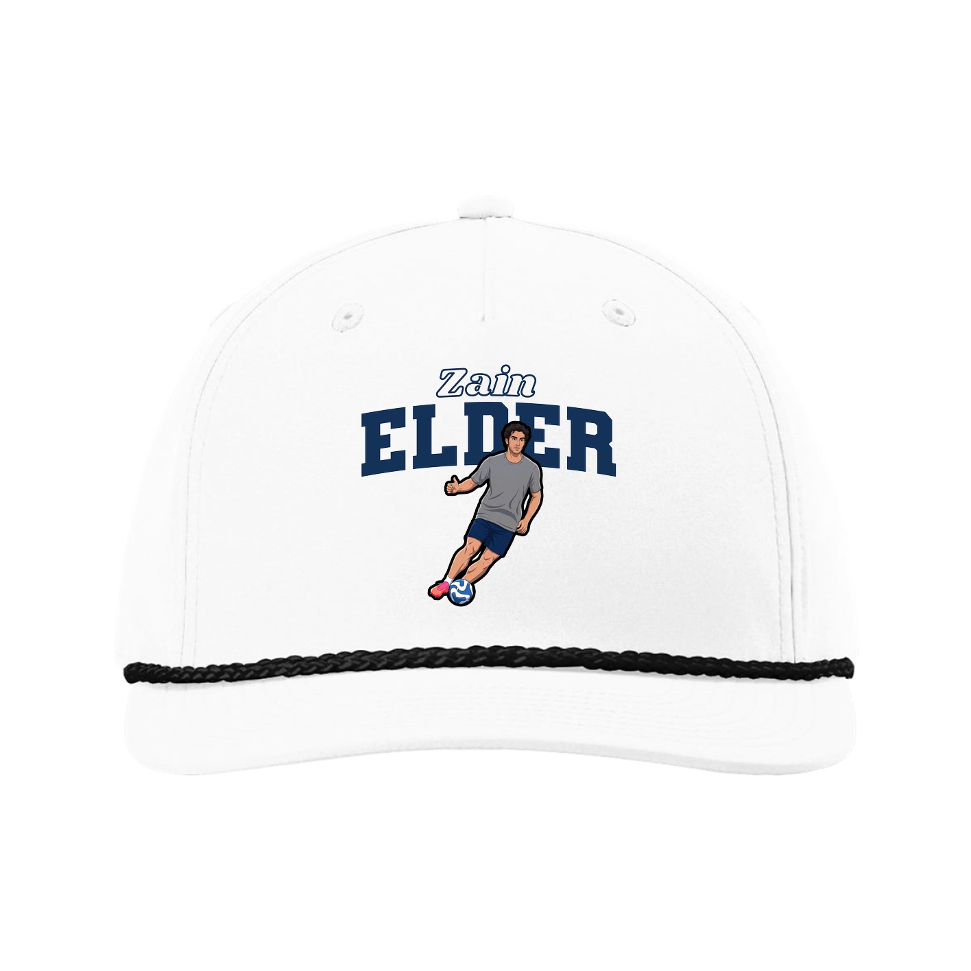 Five-Panel Classic Rope Cap — Name Arch in White
