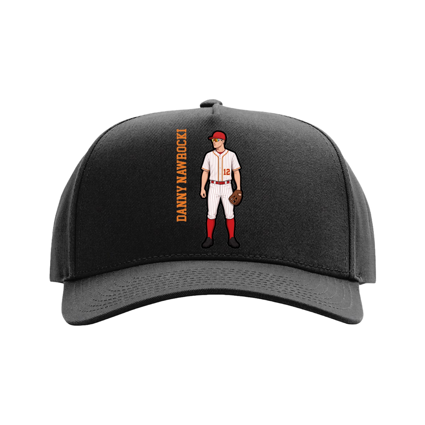Full Fabric Five-Panel Champ Cap — Name Vertical in Black