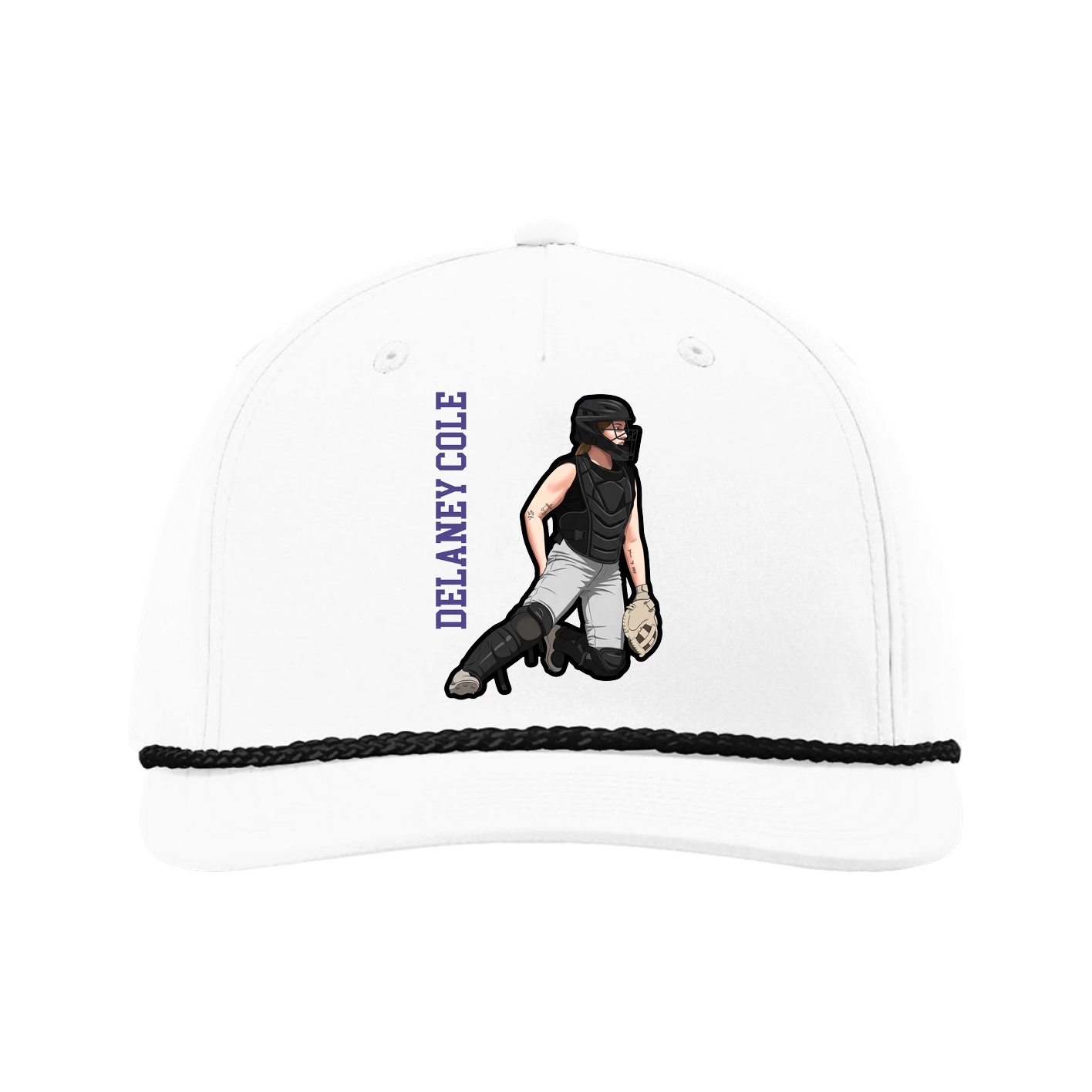Five-Panel Classic Rope Cap — Name Vertical in White