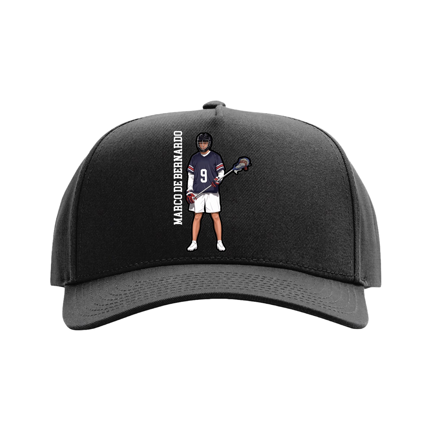 Full Fabric Five-Panel Champ Cap — Name Vertical in Black