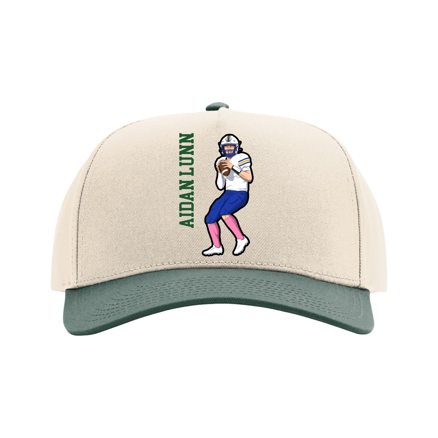 Full Fabric Five-Panel Champ Cap — Name Vertical in Cream/Green