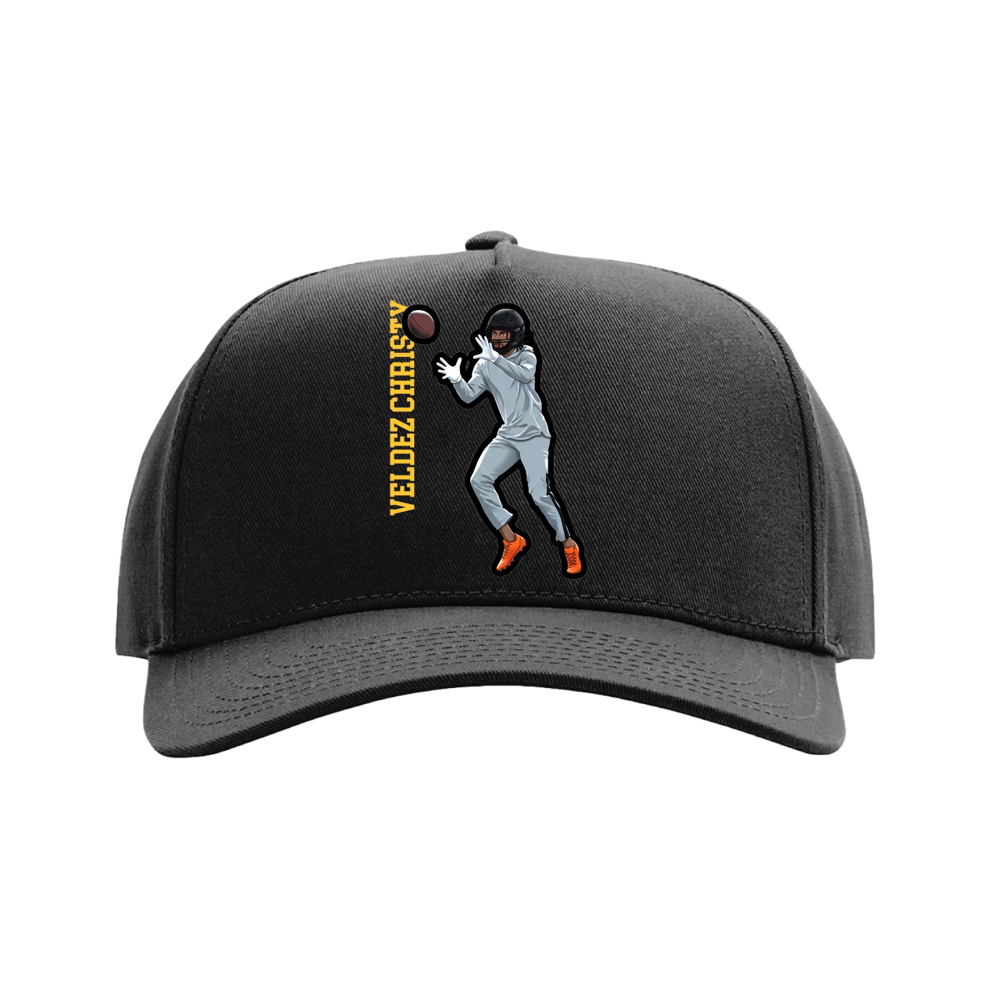 Full Fabric Five-Panel Champ Cap — Name Vertical in Black
