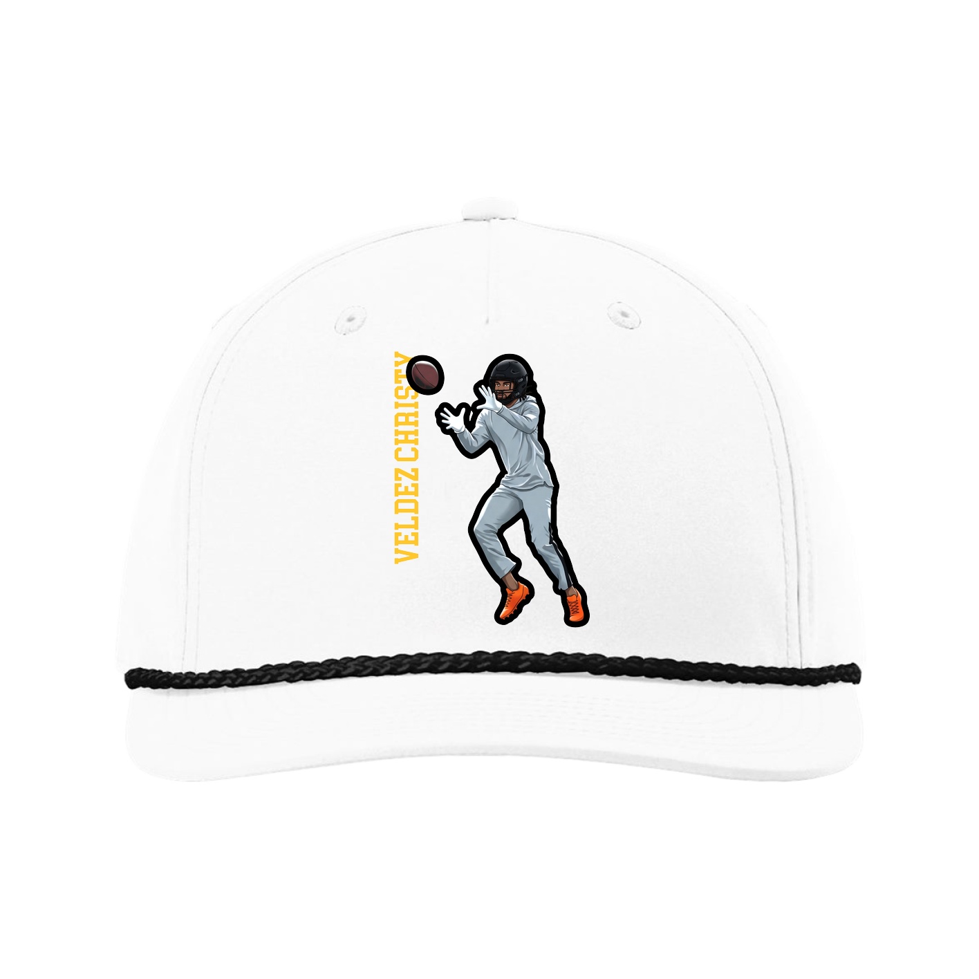 Five-Panel Classic Rope Cap — Name Vertical in White