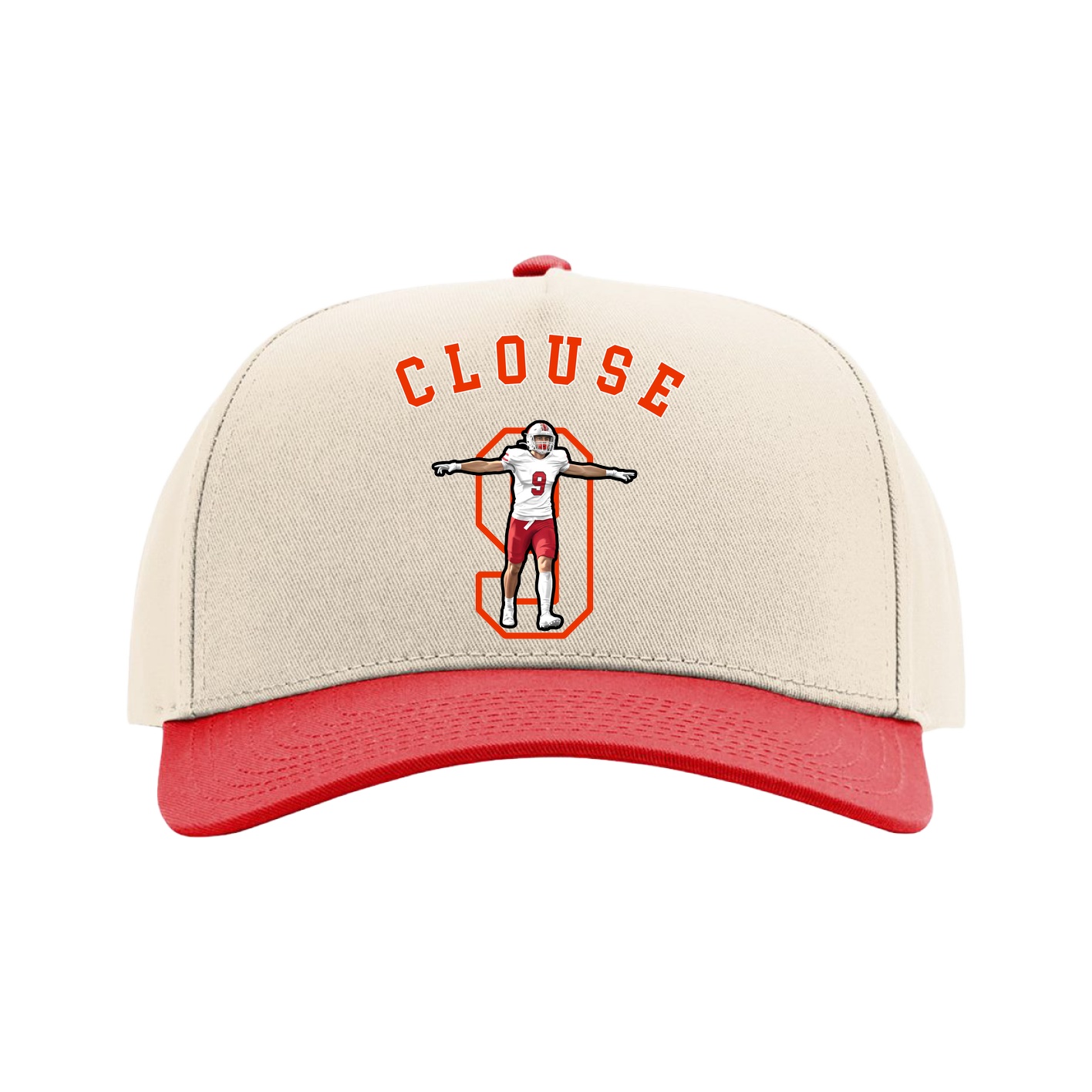 Full Fabric Five-Panel Champ Cap — Shirsey Arch in Cream/Red