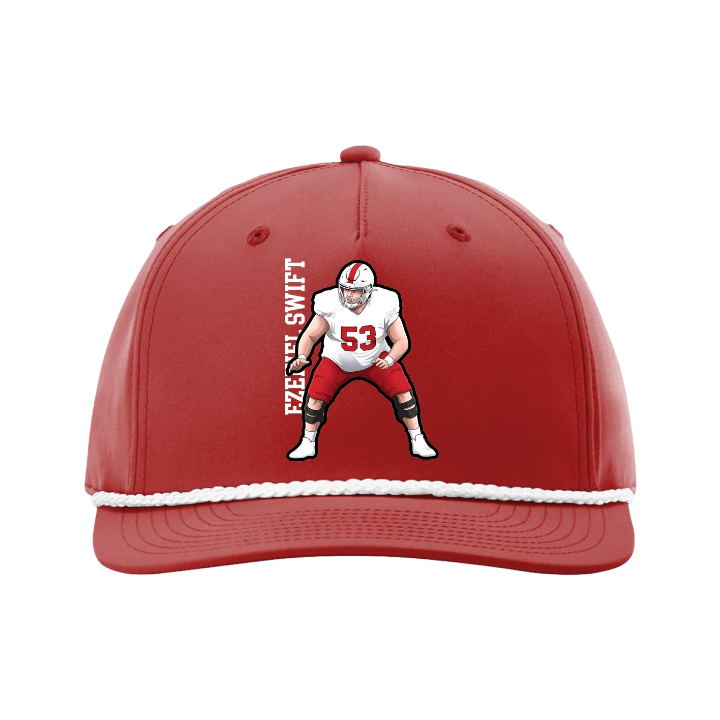 Five-Panel Classic Rope Cap — Name Vertical in Red