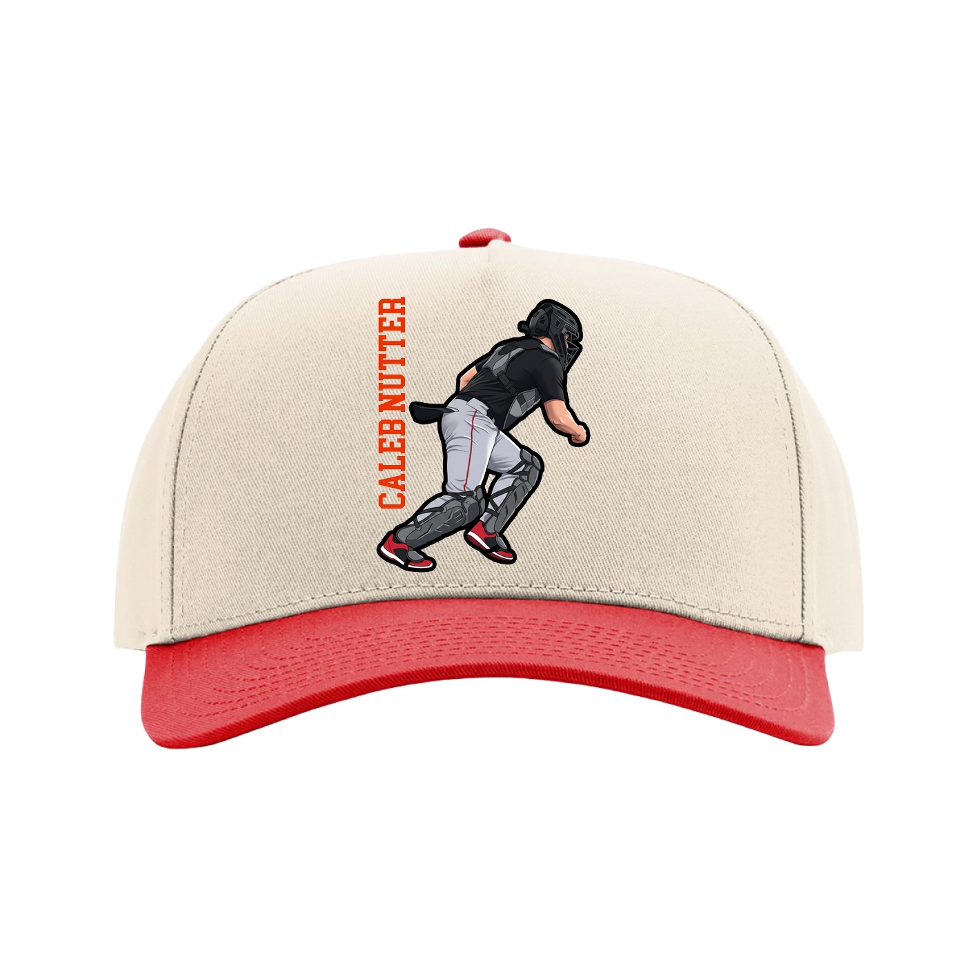 Full Fabric Five-Panel Champ Cap — Name Vertical in Cream/Red