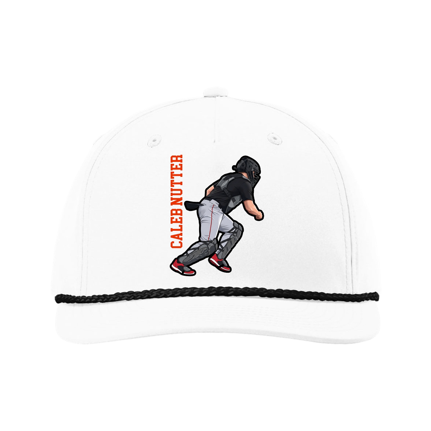 Five-Panel Classic Rope Cap — Name Vertical in White