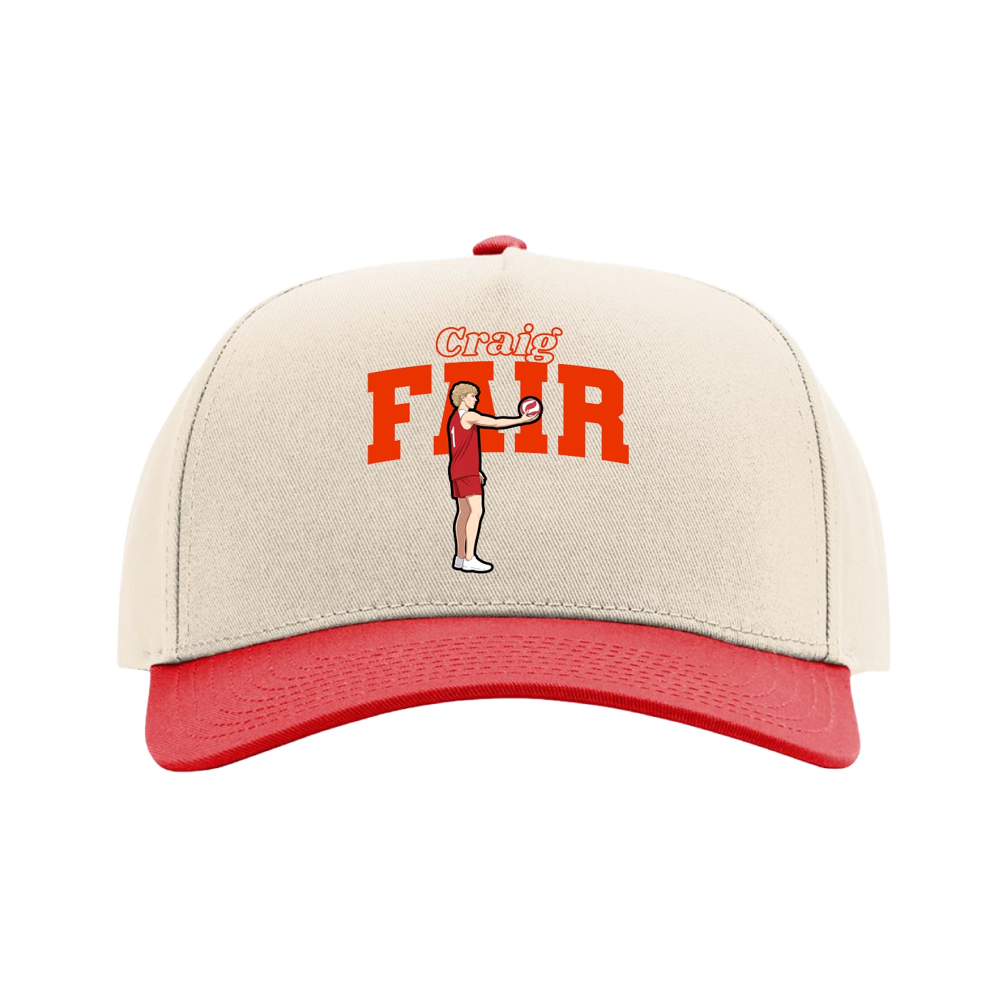 Full Fabric Five-Panel Champ Cap — Name Arch in Cream/Red