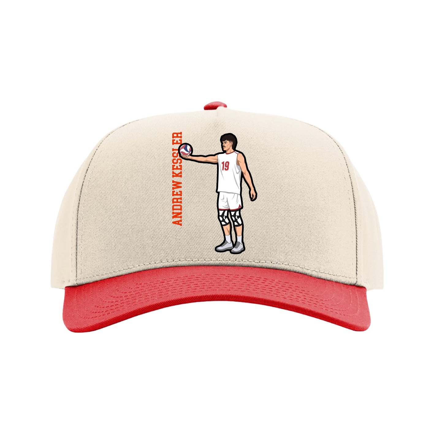 Full Fabric Five-Panel Champ Cap — Name Vertical in Cream/Red