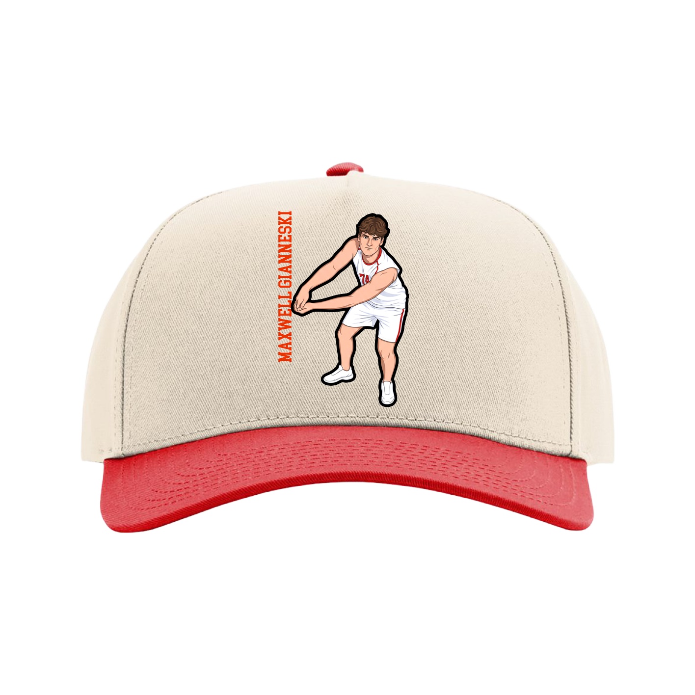 Full Fabric Five-Panel Champ Cap — Name Vertical in Cream/Red