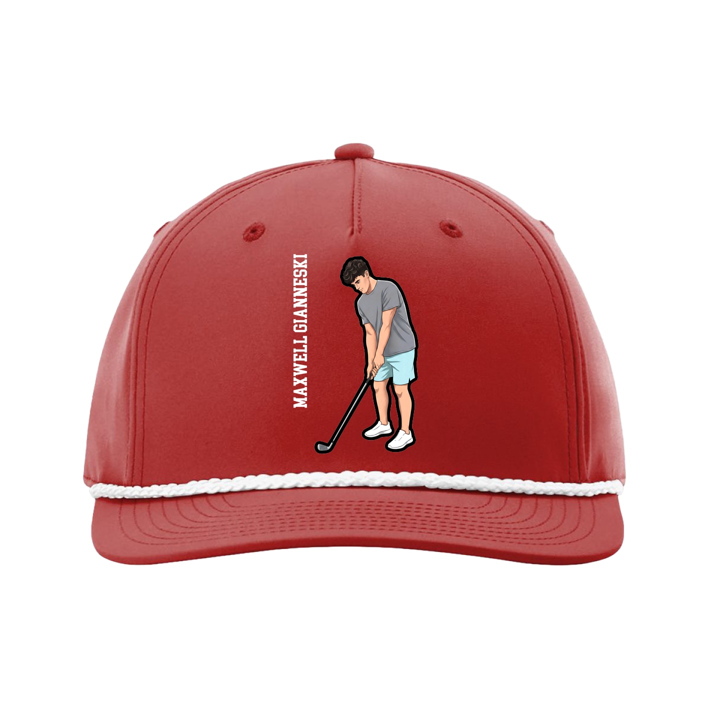 Five-Panel Classic Rope Cap — Name Vertical in Red