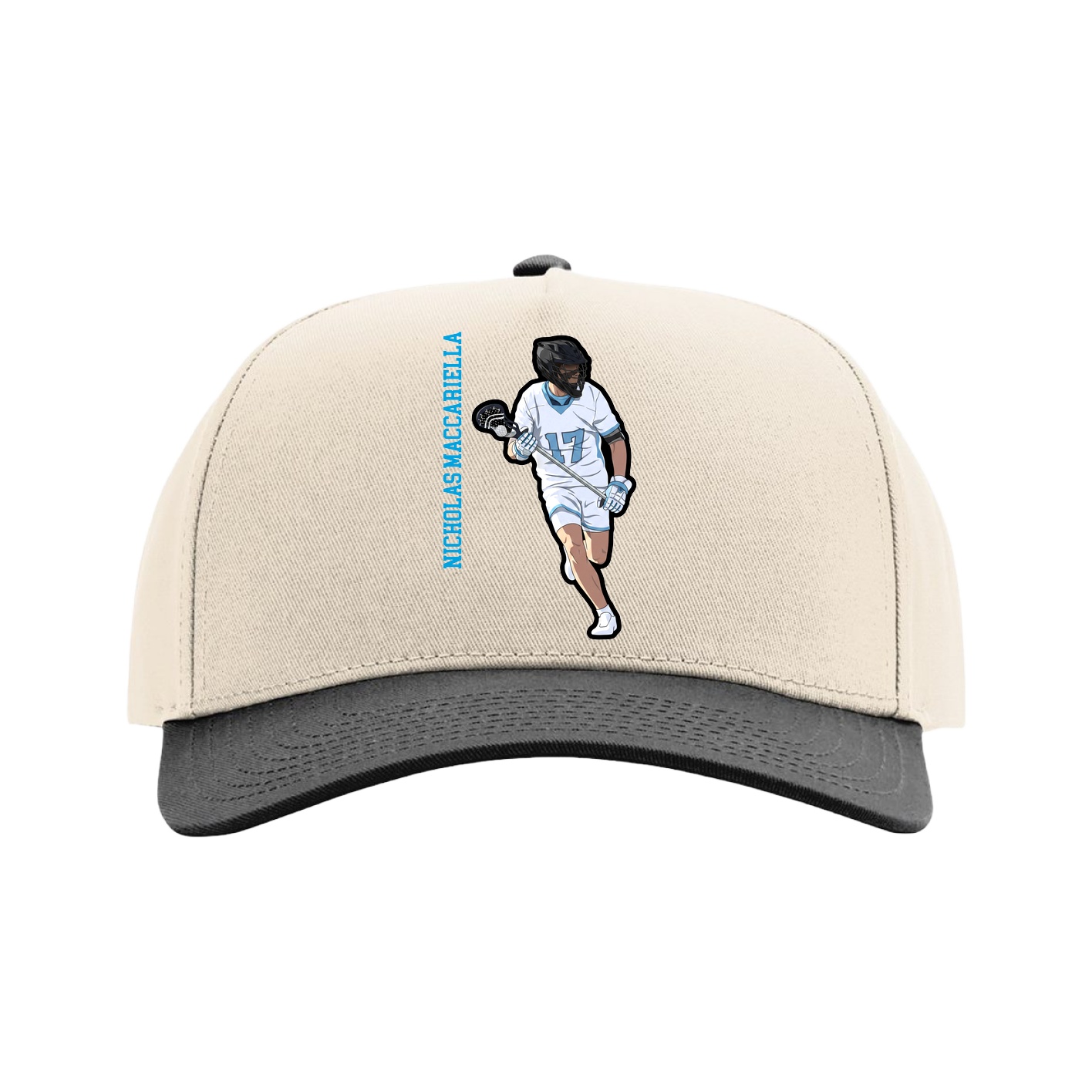 Full Fabric Five-Panel Champ Cap — Name Vertical in Cream/Black