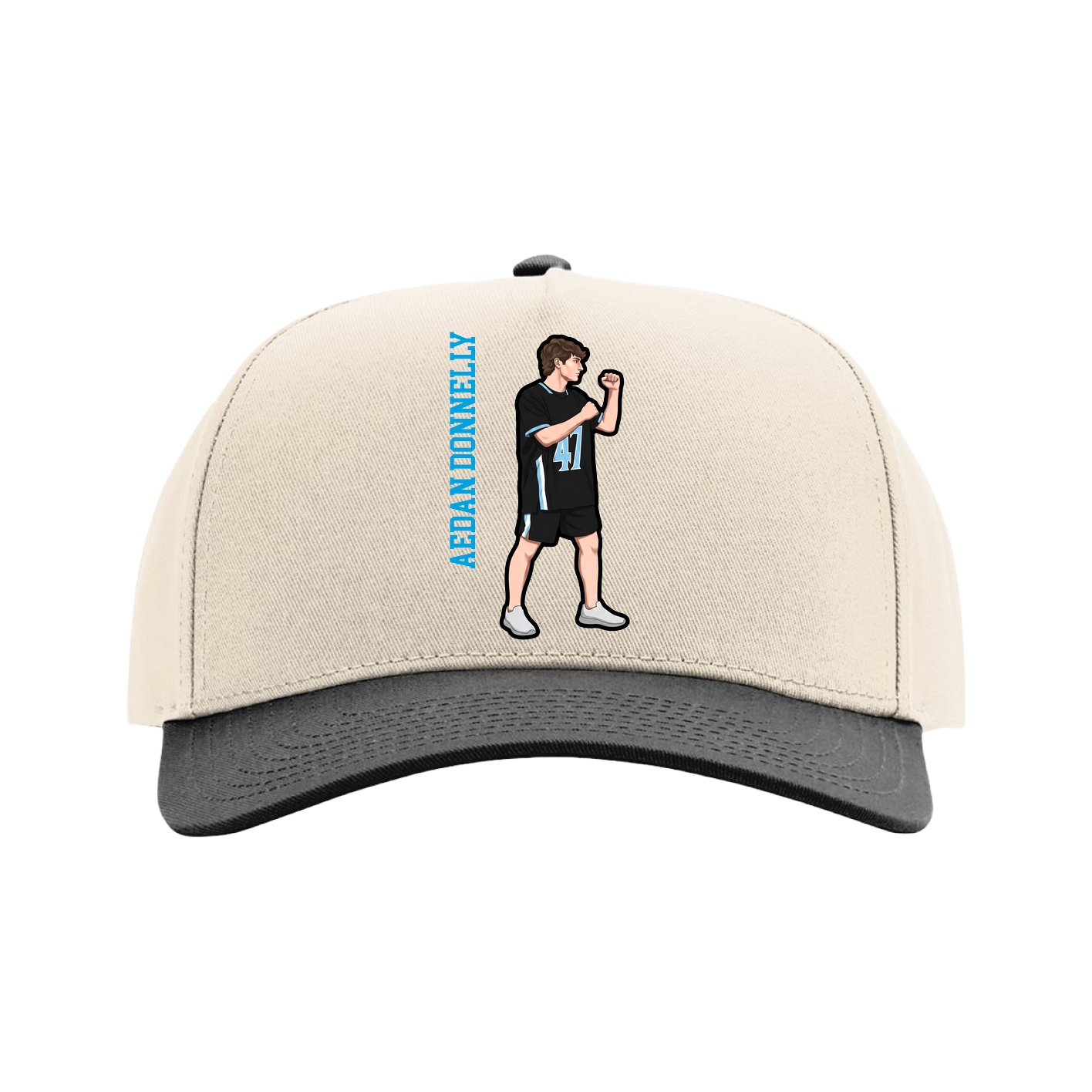 Full Fabric Five-Panel Champ Cap — Name Vertical in Cream/Black