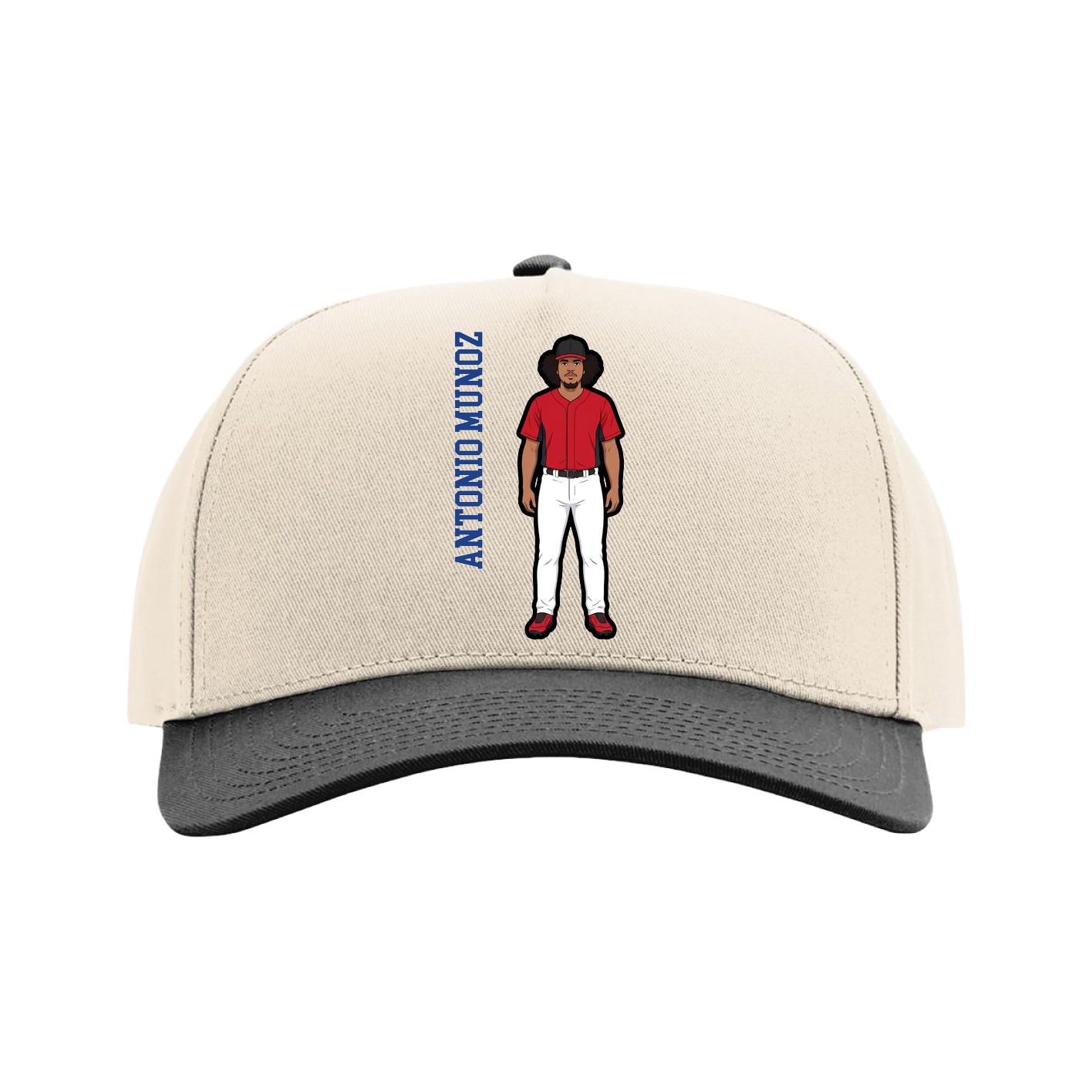 Full Fabric Five-Panel Champ Cap — Name Vertical in Cream/Black